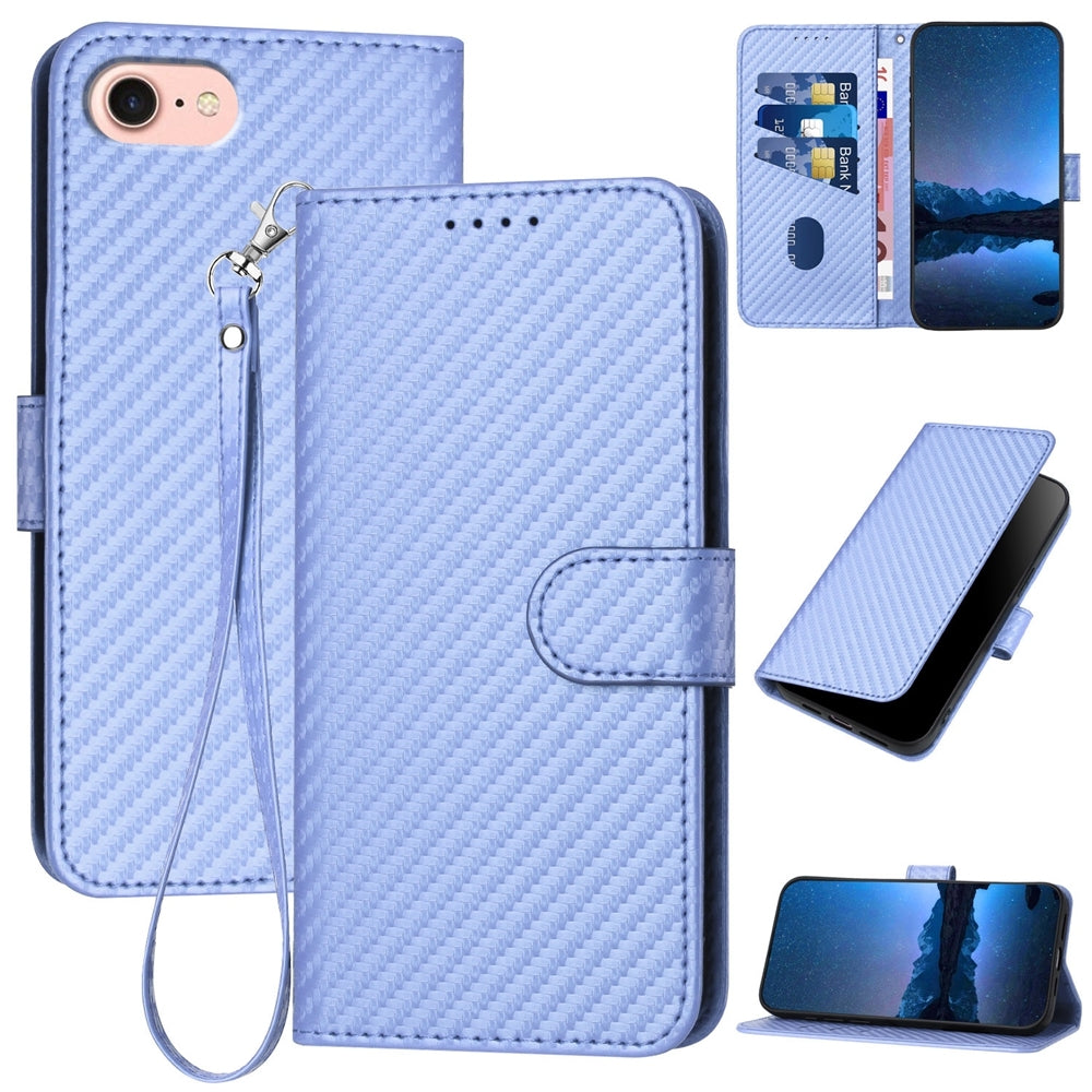 For iPhone 16e YX0070 Carbon Fiber Buckle Leather Phone Case with Lanyard(Light Purple)