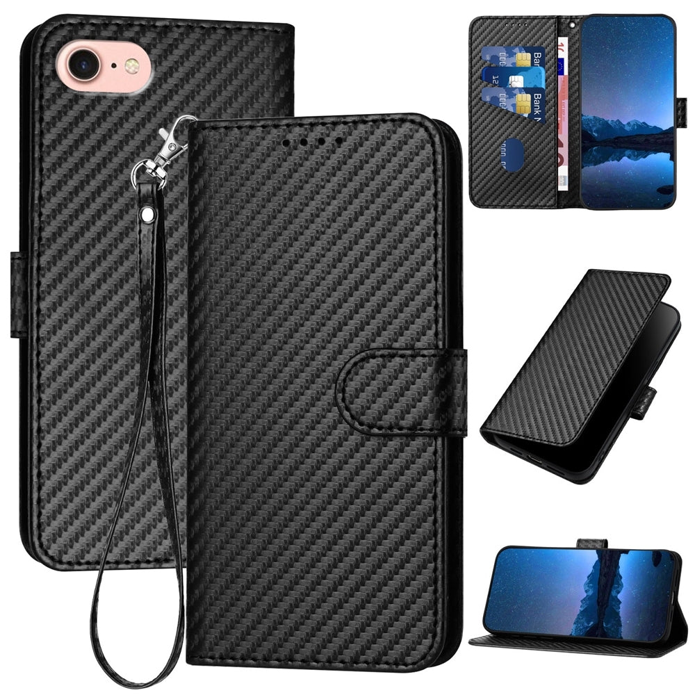 For iPhone 16e YX0070 Carbon Fiber Buckle Leather Phone Case with Lanyard(Black)