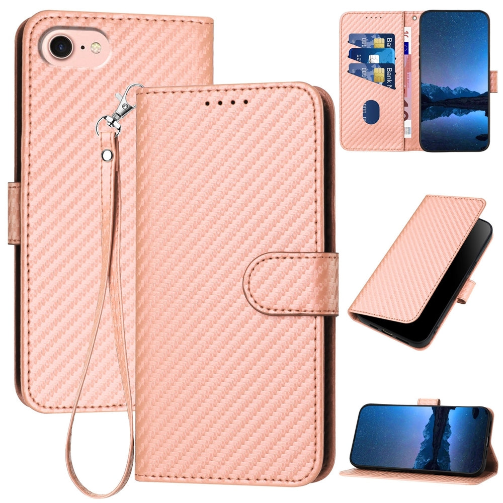 For iPhone 16e YX0070 Carbon Fiber Buckle Leather Phone Case with Lanyard(Pink)