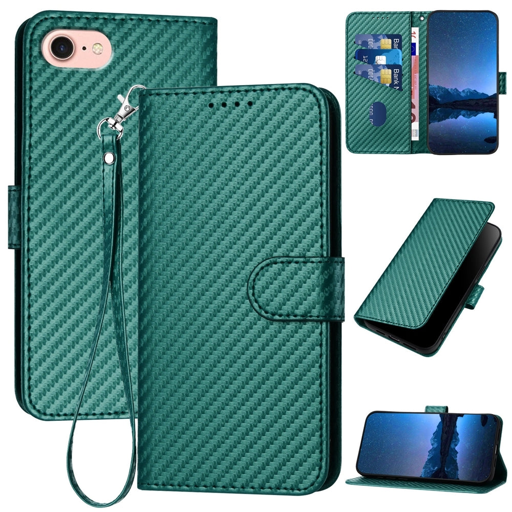 For iPhone 16e YX0070 Carbon Fiber Buckle Leather Phone Case with Lanyard(Dark Green)