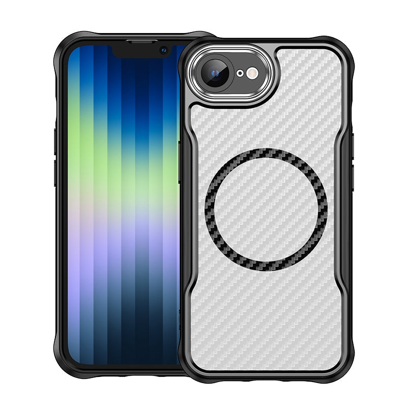 For iPhone 16e Carbon Fiber Texture MagSafe Translucent Phone Case(Black)