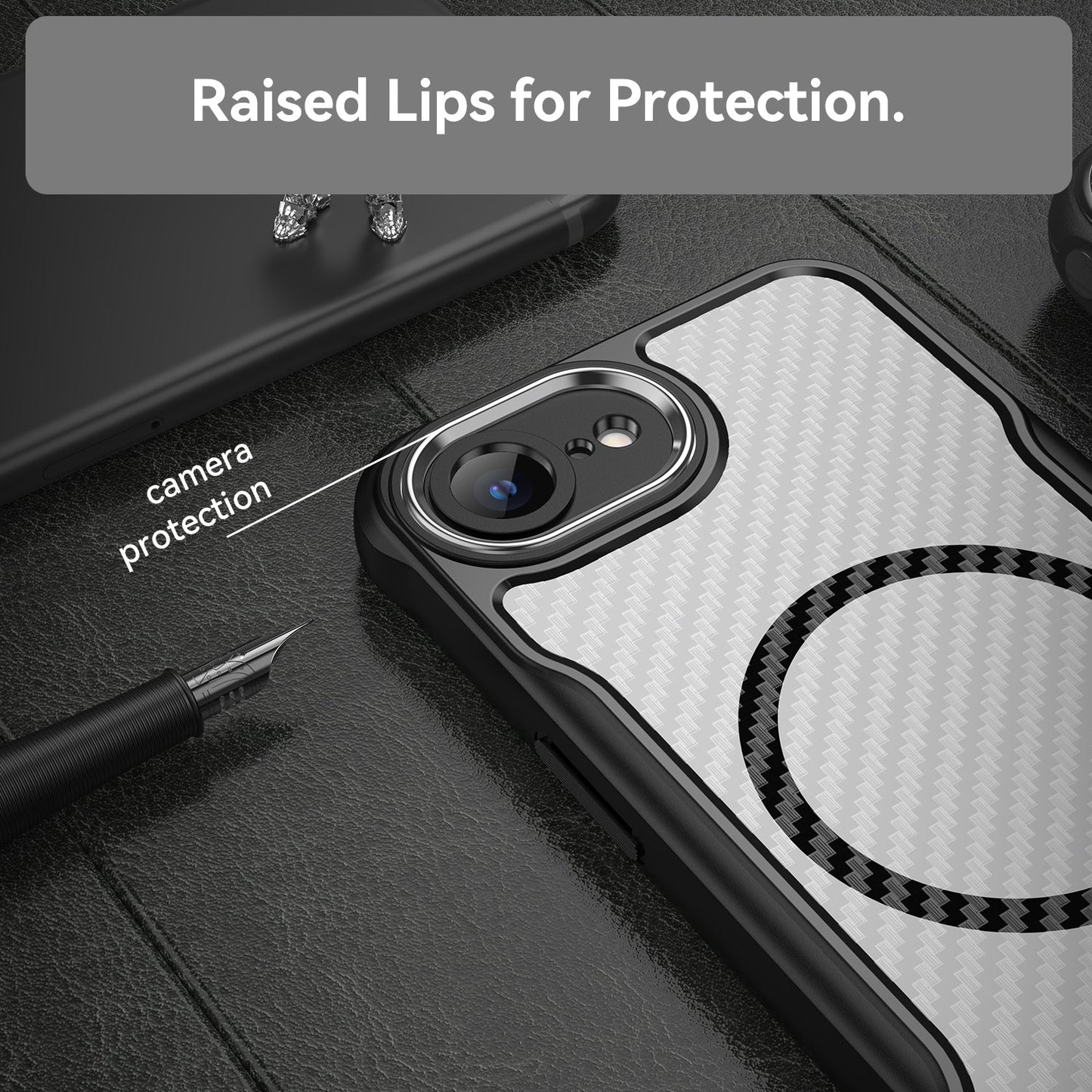 For iPhone 16e Carbon Fiber Texture MagSafe Translucent Phone Case(Black)
