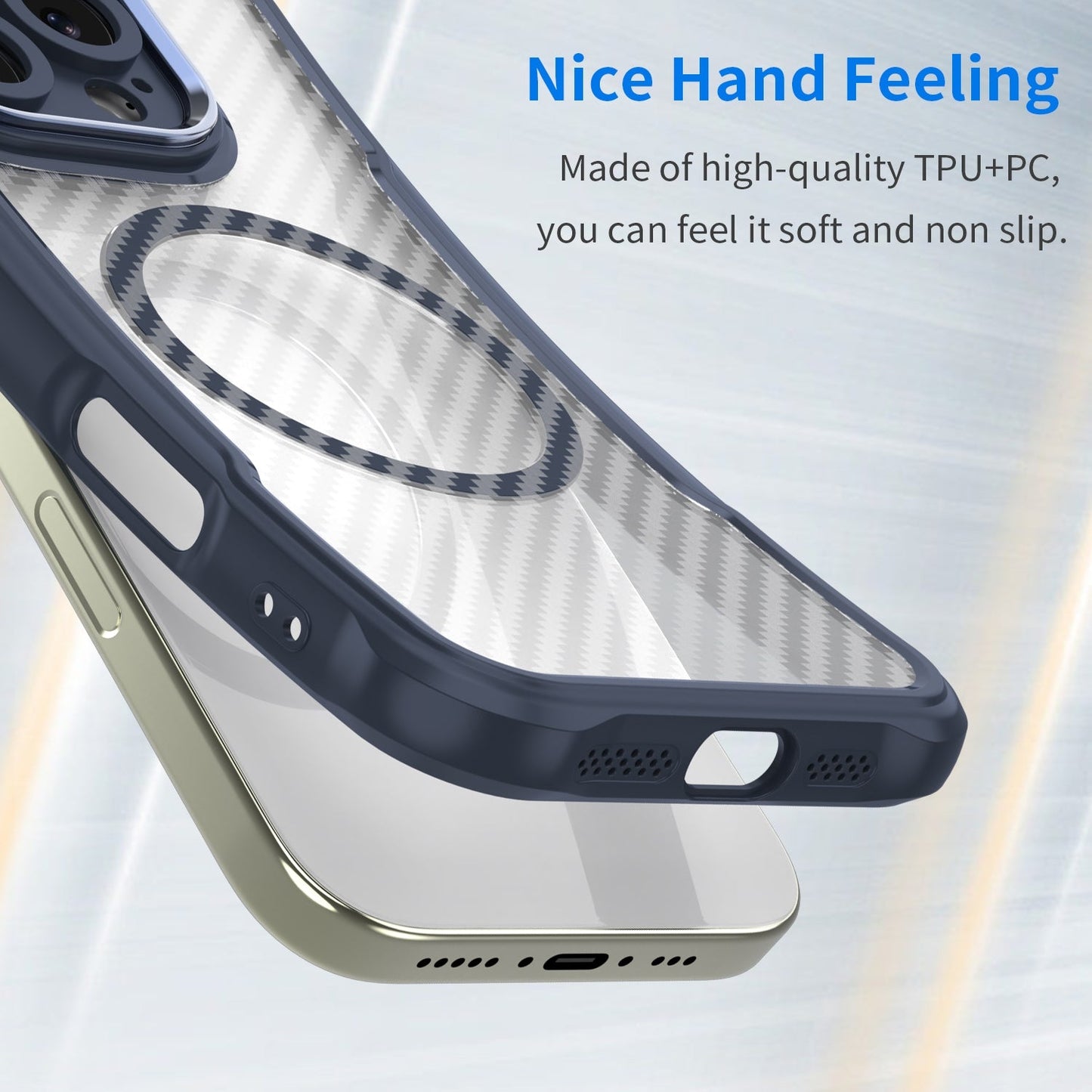 For iPhone 16e Carbon Fiber Texture MagSafe Translucent Phone Case(Blue)