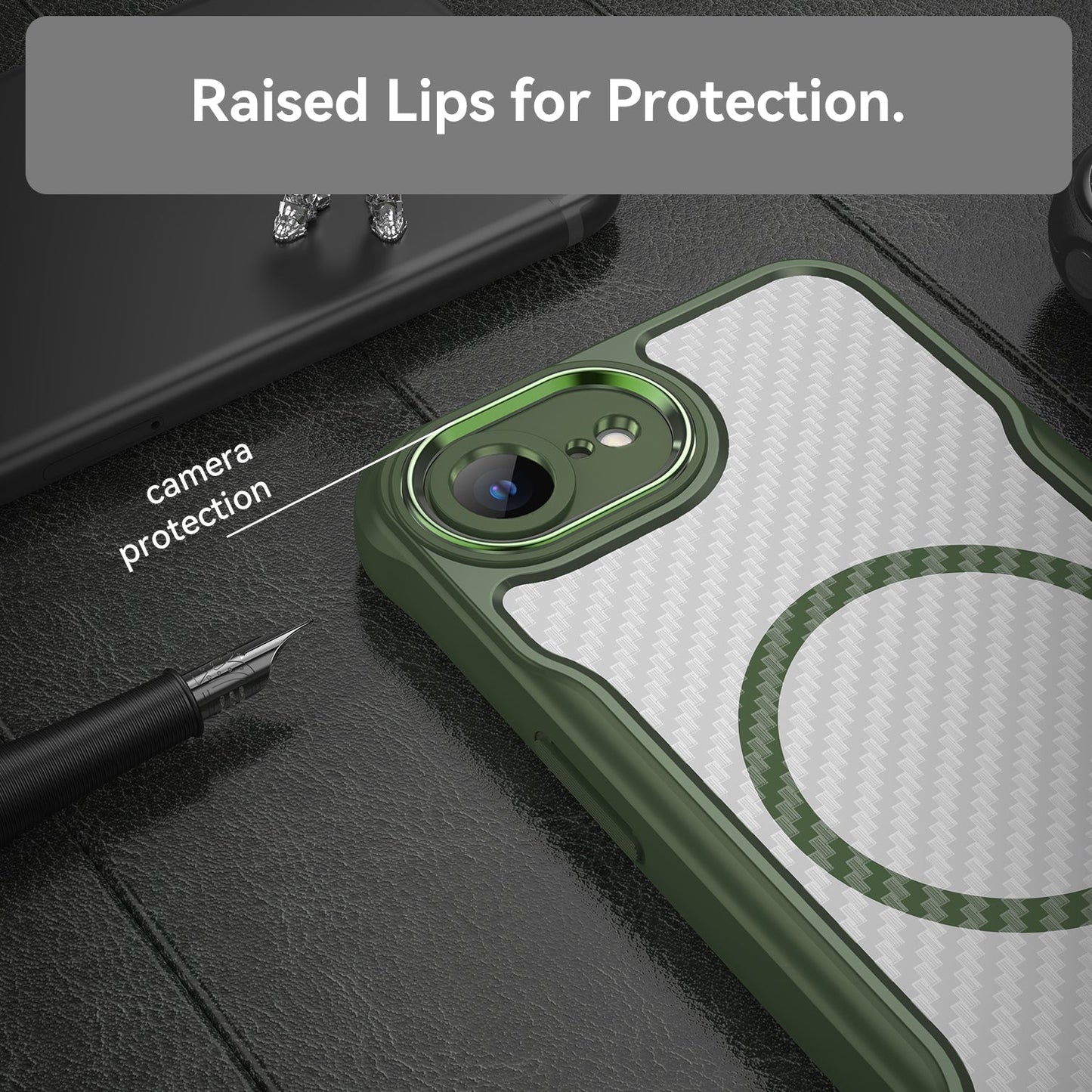 For iPhone 16e Carbon Fiber Texture MagSafe Translucent Phone Case(Green)