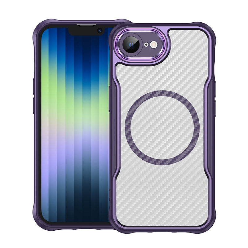 For iPhone 16e Carbon Fiber Texture MagSafe Translucent Phone Case(Purple)
