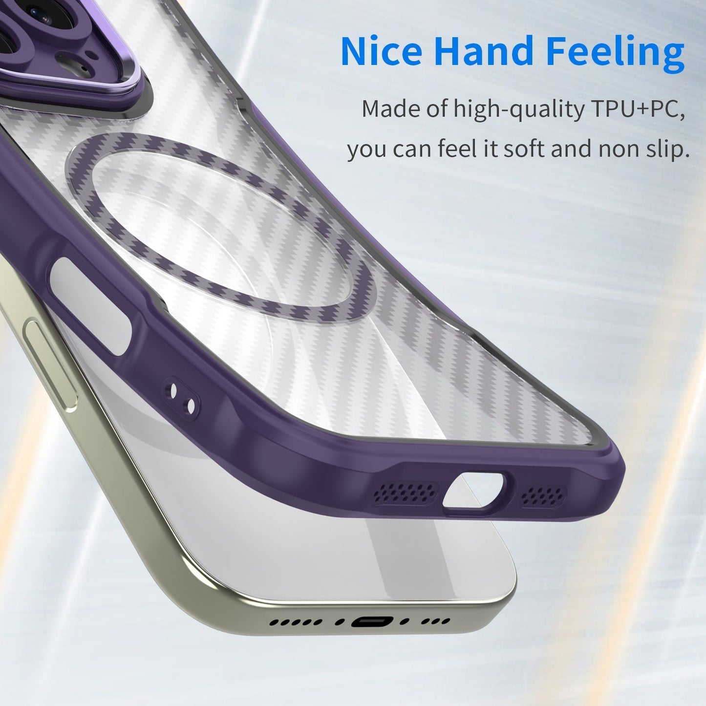 For iPhone 16e Carbon Fiber Texture MagSafe Translucent Phone Case(Purple)