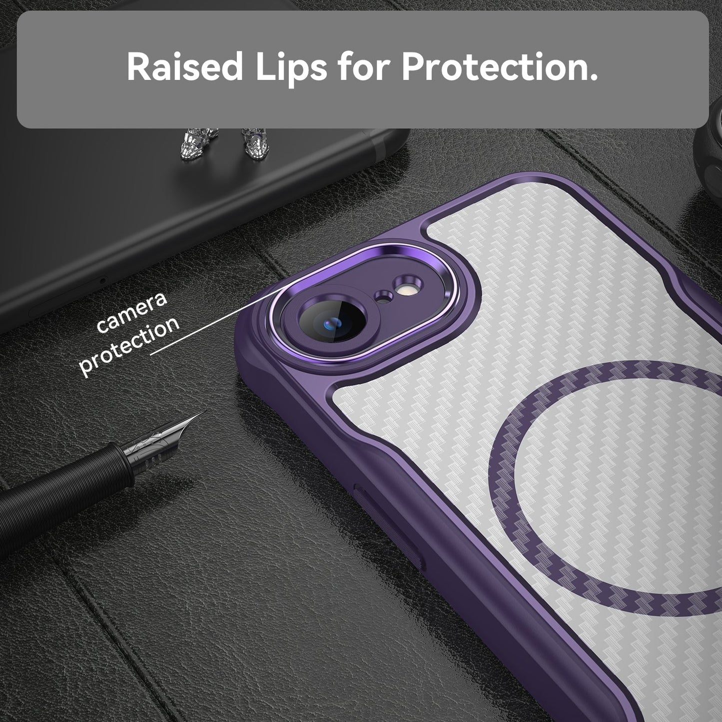 For iPhone 16e Carbon Fiber Texture MagSafe Translucent Phone Case(Purple)