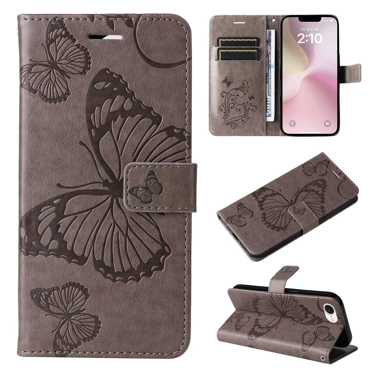 For iPhone 16e 3D Butterfly Embossed Pattern Flip Leather Phone Case(Grey)