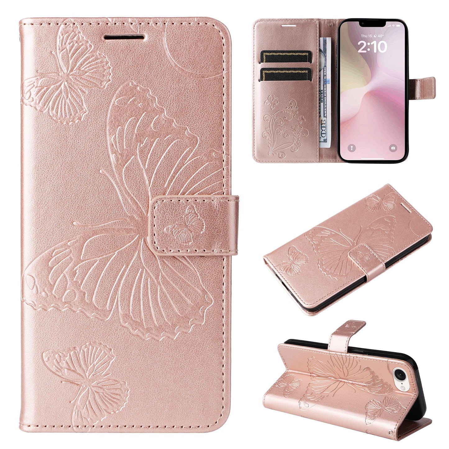 For iPhone 16e 3D Butterfly Embossed Pattern Flip Leather Phone Case(Rose Gold)