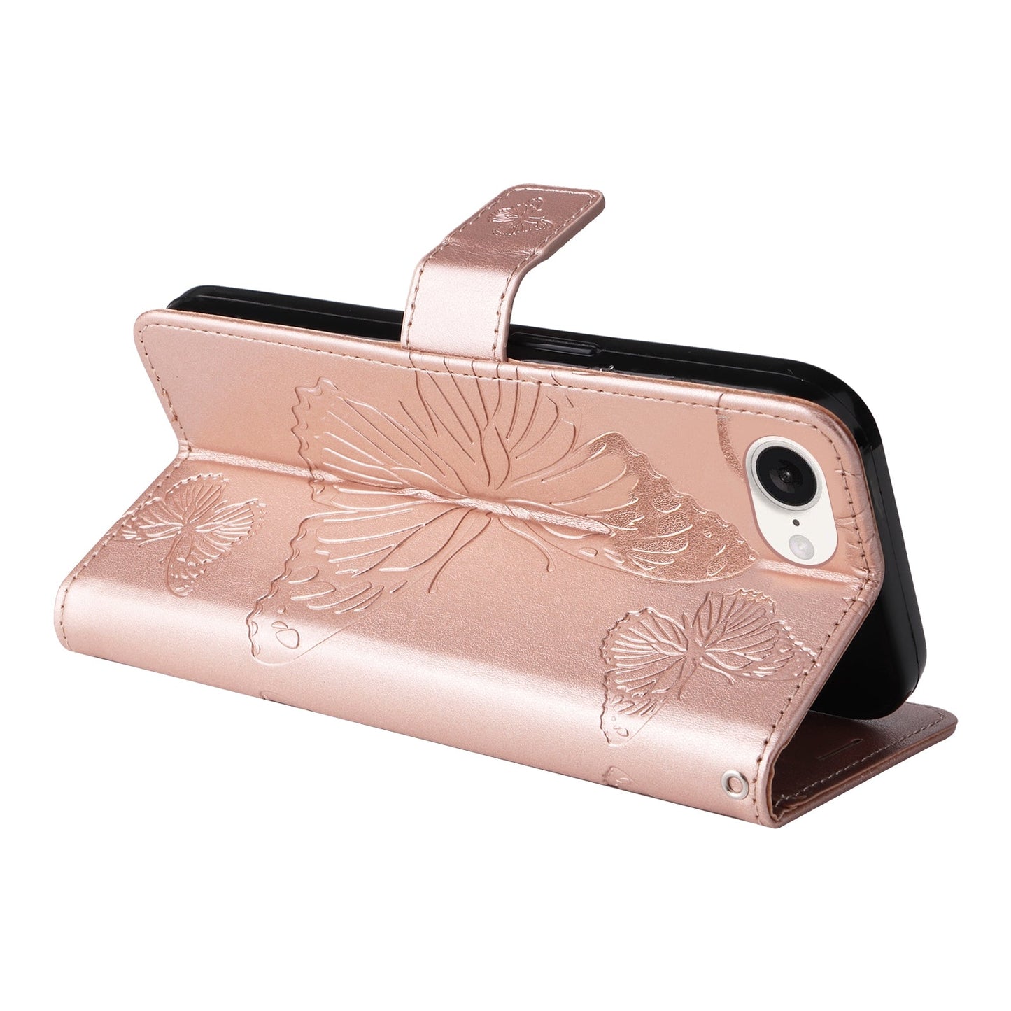 For iPhone 16e 3D Butterfly Embossed Pattern Flip Leather Phone Case(Rose Gold)