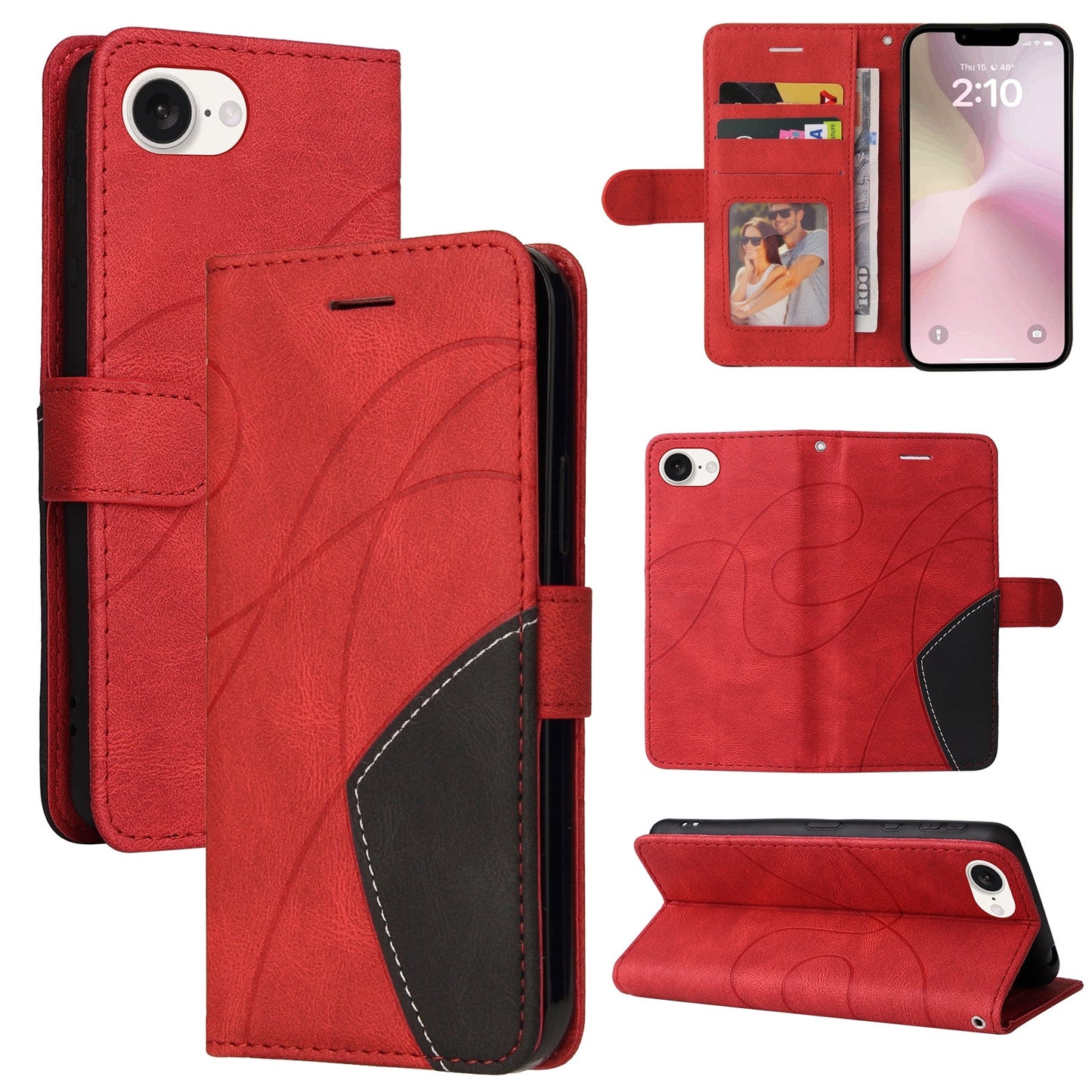 For iPhone 16e Dual-color Splicing Flip Leather Phone Case(Red)
