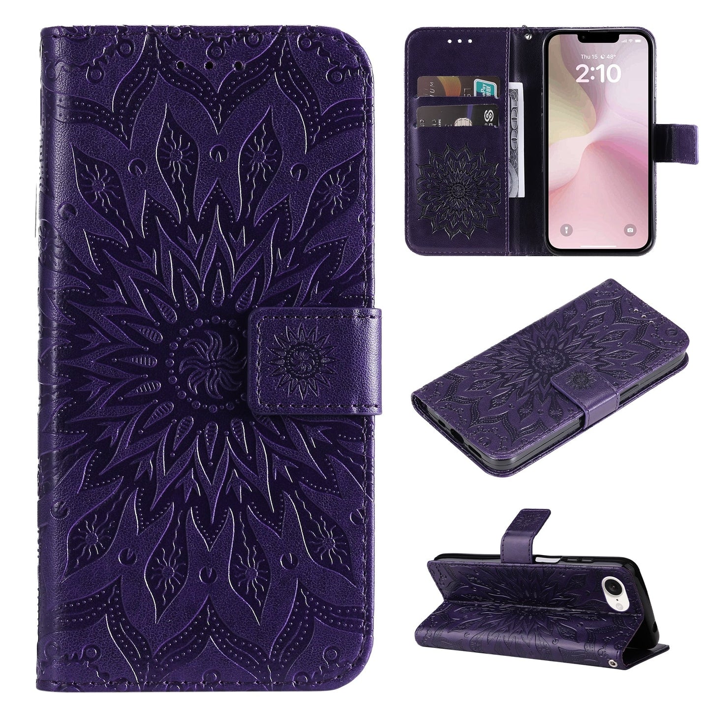 For iPhone 16e Embossed Sunflower Pattern Flip Leather Phone Case(Purple)