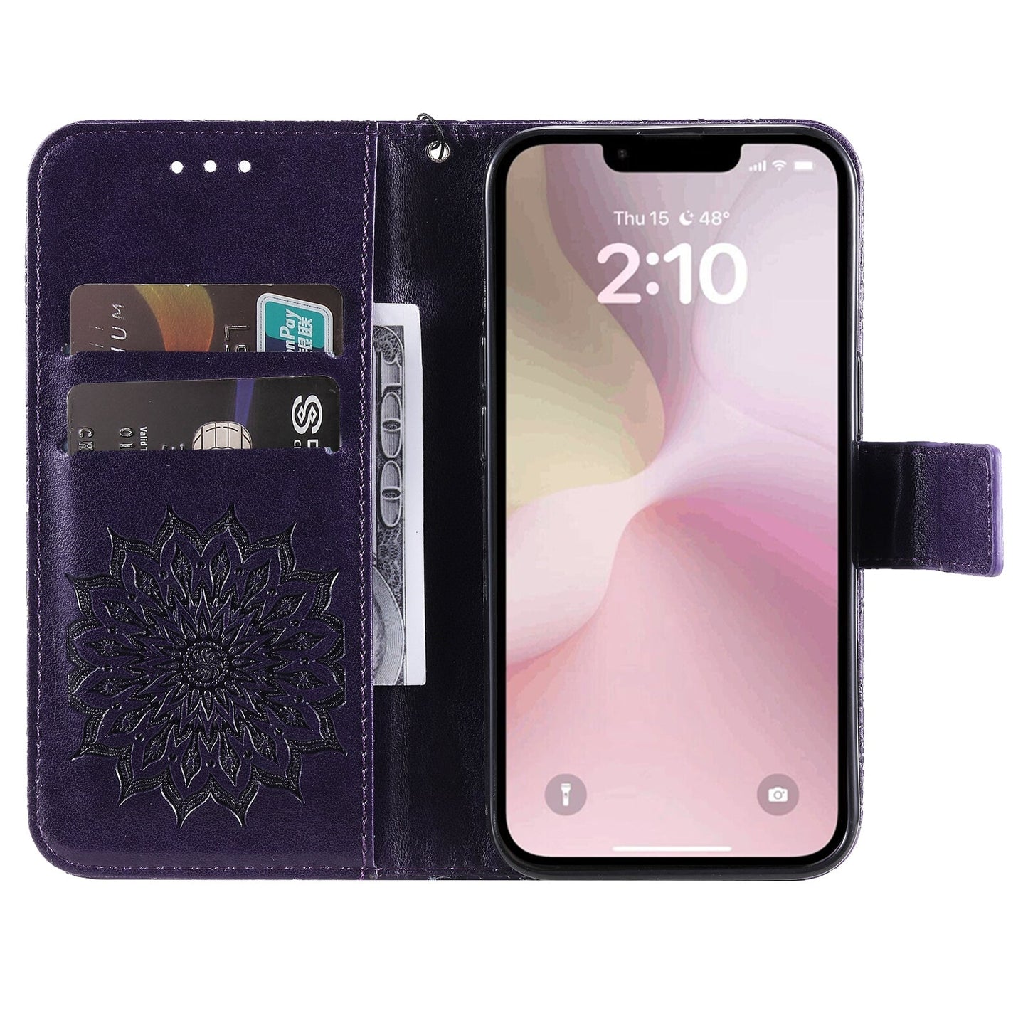 For iPhone 16e Embossed Sunflower Pattern Flip Leather Phone Case(Purple)