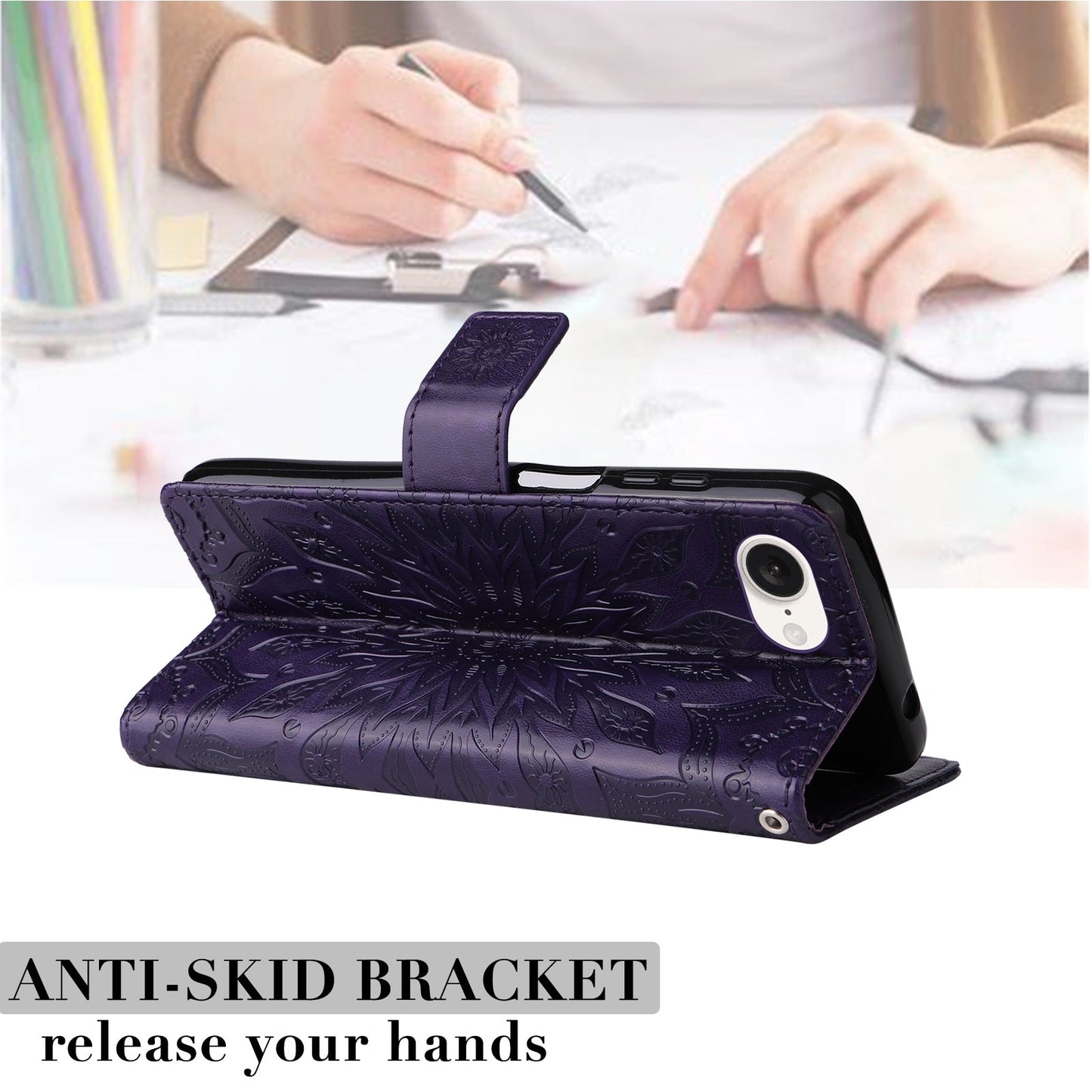 For iPhone 16e Embossed Sunflower Pattern Flip Leather Phone Case(Purple)