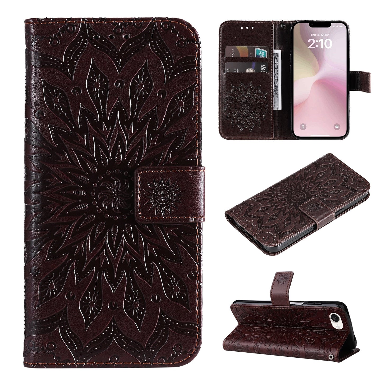 For iPhone 16e Embossed Sunflower Pattern Flip Leather Phone Case(Brown)