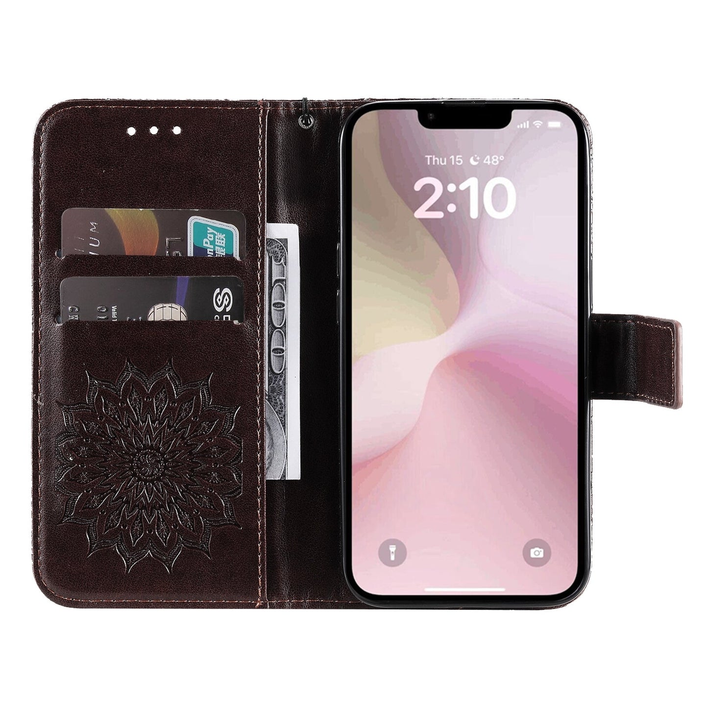 For iPhone 16e Embossed Sunflower Pattern Flip Leather Phone Case(Brown)