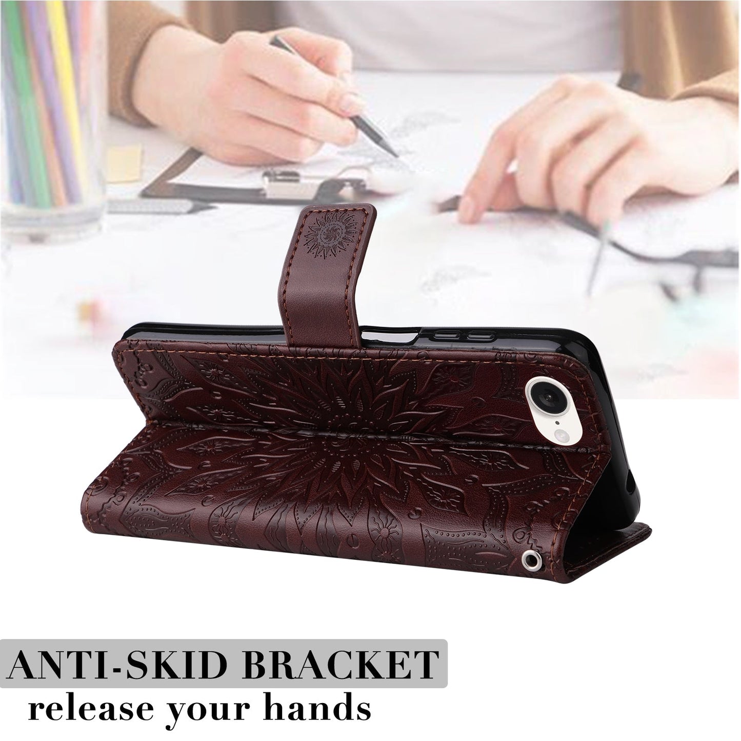 For iPhone 16e Embossed Sunflower Pattern Flip Leather Phone Case(Brown)