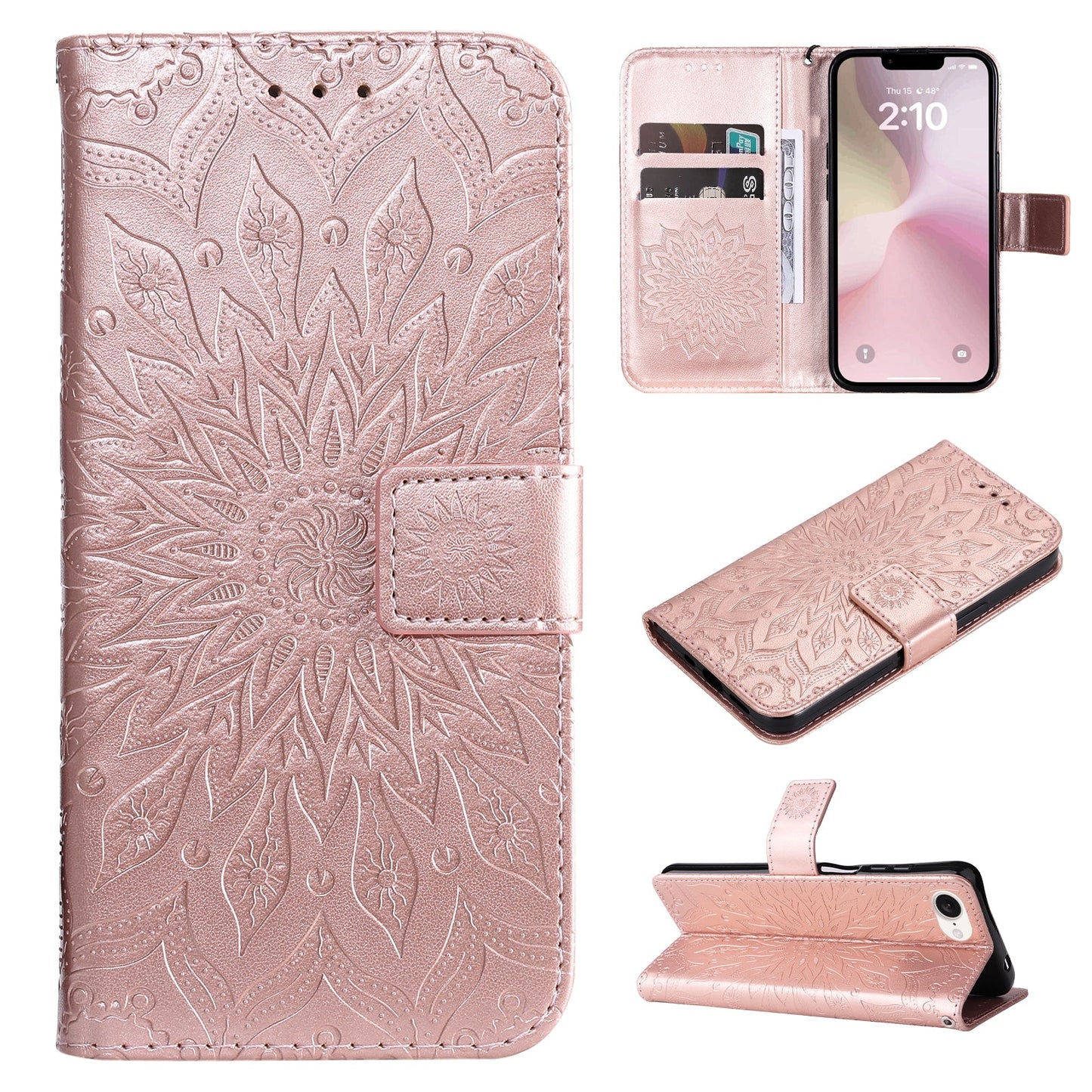 For iPhone 16e Embossed Sunflower Pattern Flip Leather Phone Case(Rose Gold)