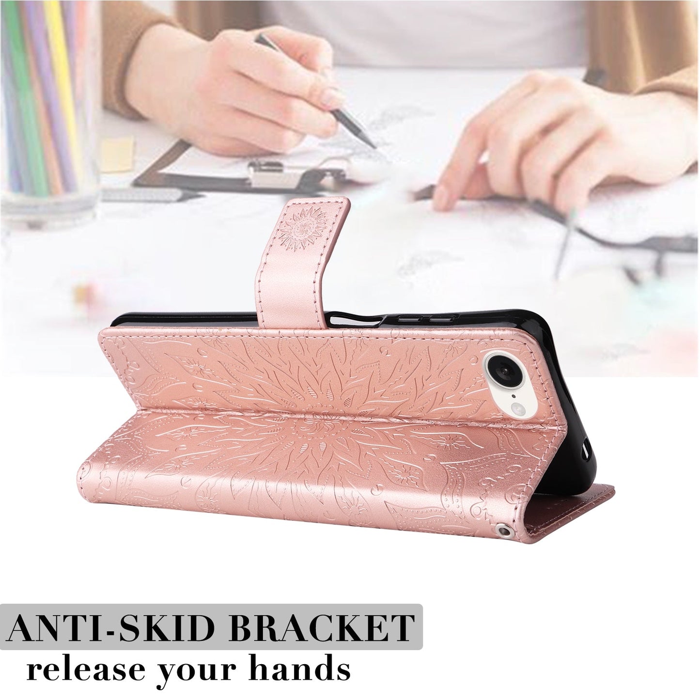 For iPhone 16e Embossed Sunflower Pattern Flip Leather Phone Case(Rose Gold)