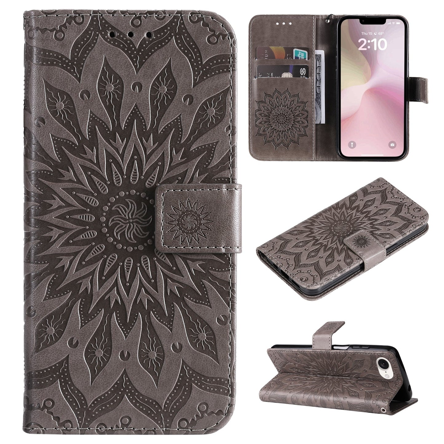 For iPhone 16e Embossed Sunflower Pattern Flip Leather Phone Case(Grey)