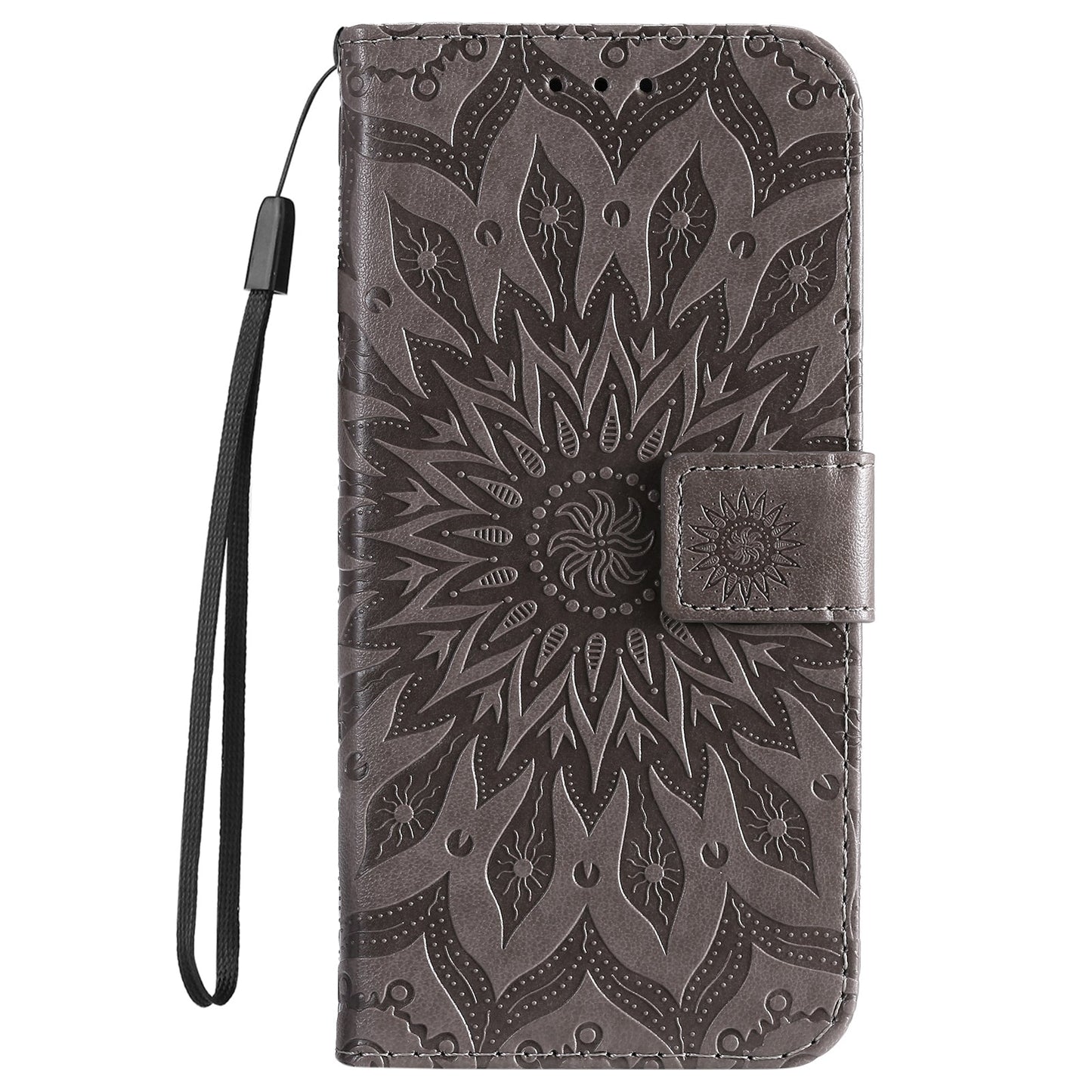 For iPhone 16e Embossed Sunflower Pattern Flip Leather Phone Case(Grey)