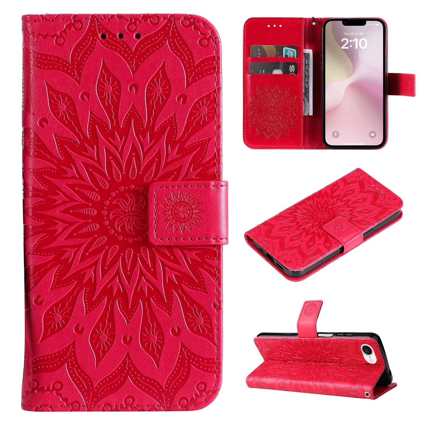 For iPhone 16e Embossed Sunflower Pattern Flip Leather Phone Case(Red)