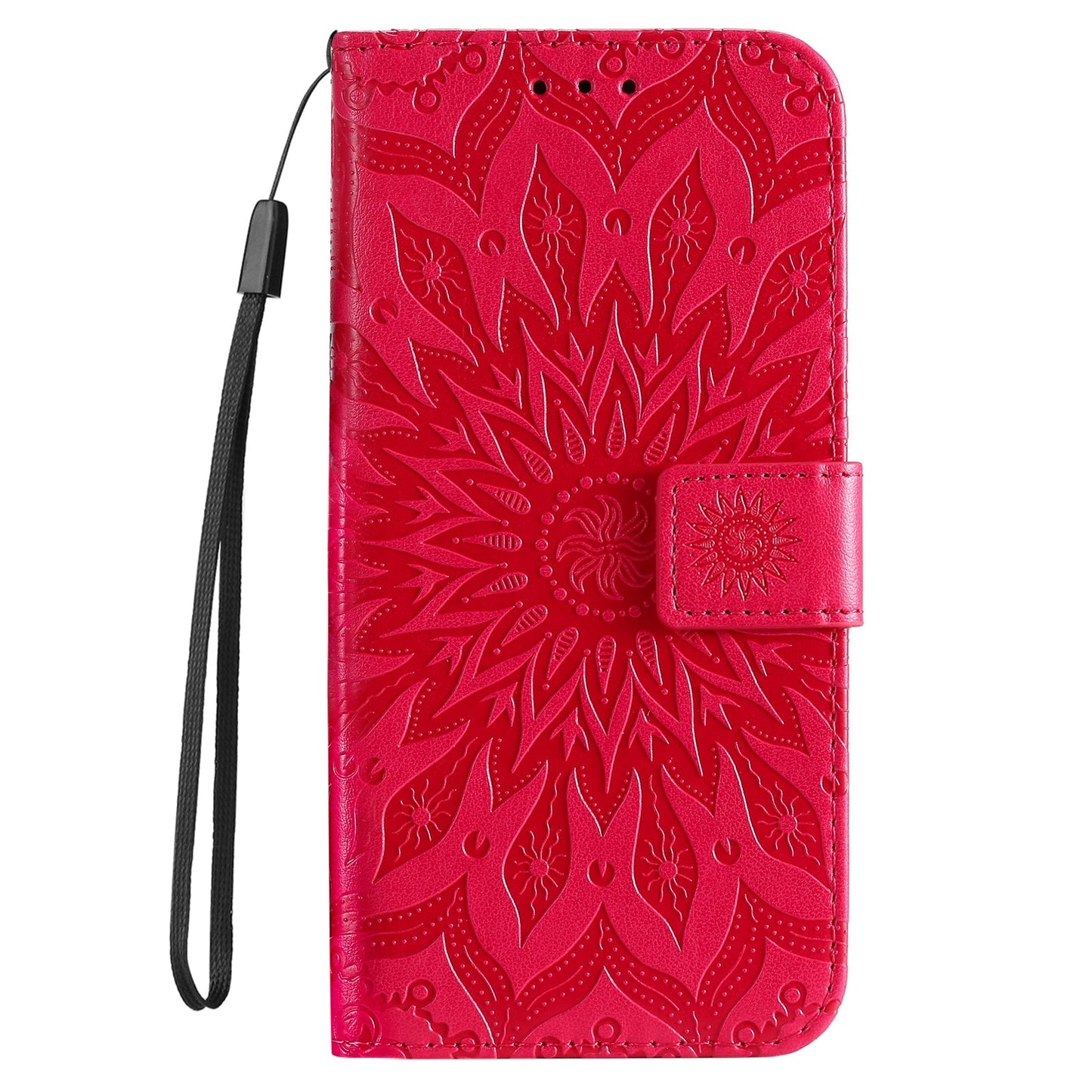For iPhone 16e Embossed Sunflower Pattern Flip Leather Phone Case(Red)