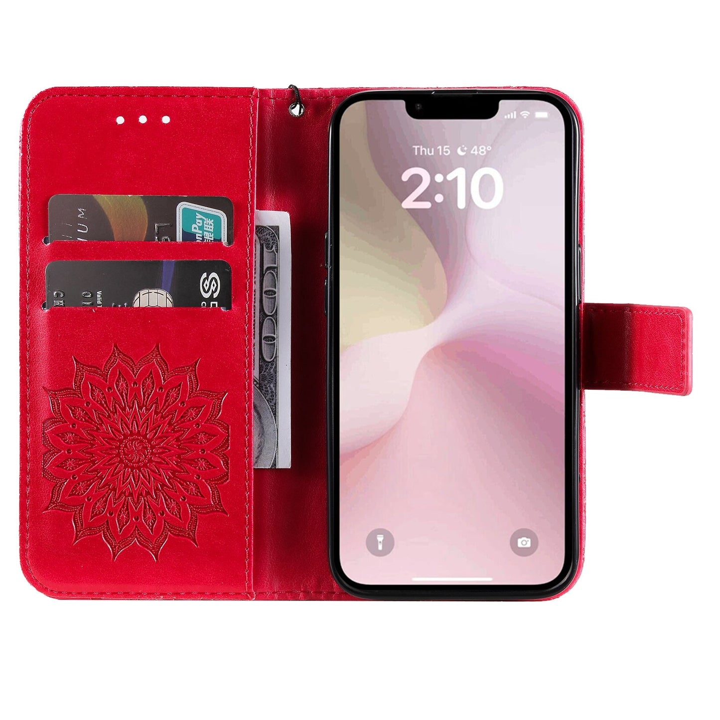 For iPhone 16e Embossed Sunflower Pattern Flip Leather Phone Case(Red)