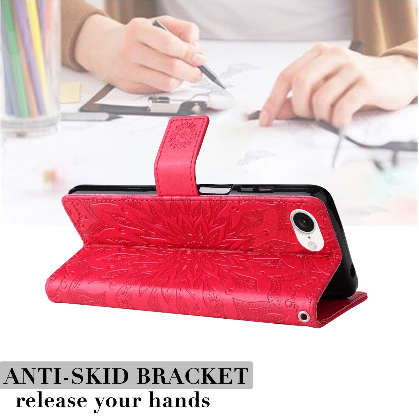 For iPhone 16e Embossed Sunflower Pattern Flip Leather Phone Case(Red)