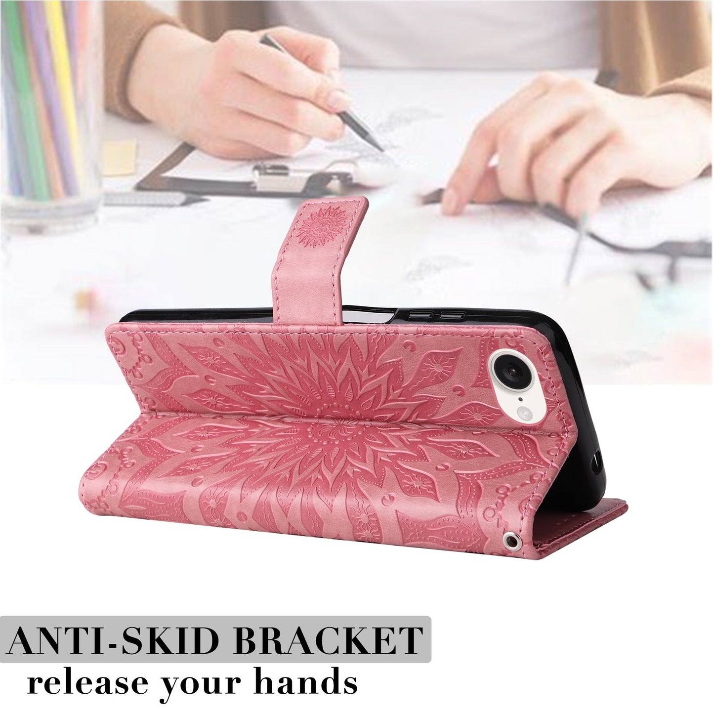 For iPhone 16e Embossed Sunflower Pattern Flip Leather Phone Case(Pink)