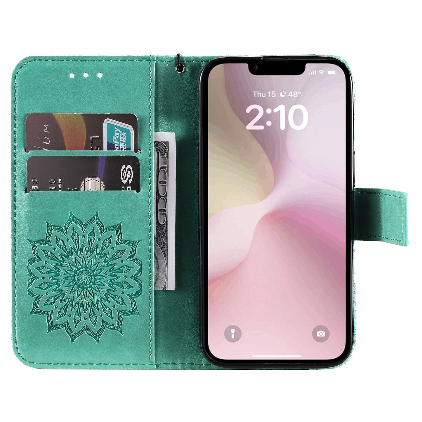 For iPhone 16e Embossed Sunflower Pattern Flip Leather Phone Case(Green)