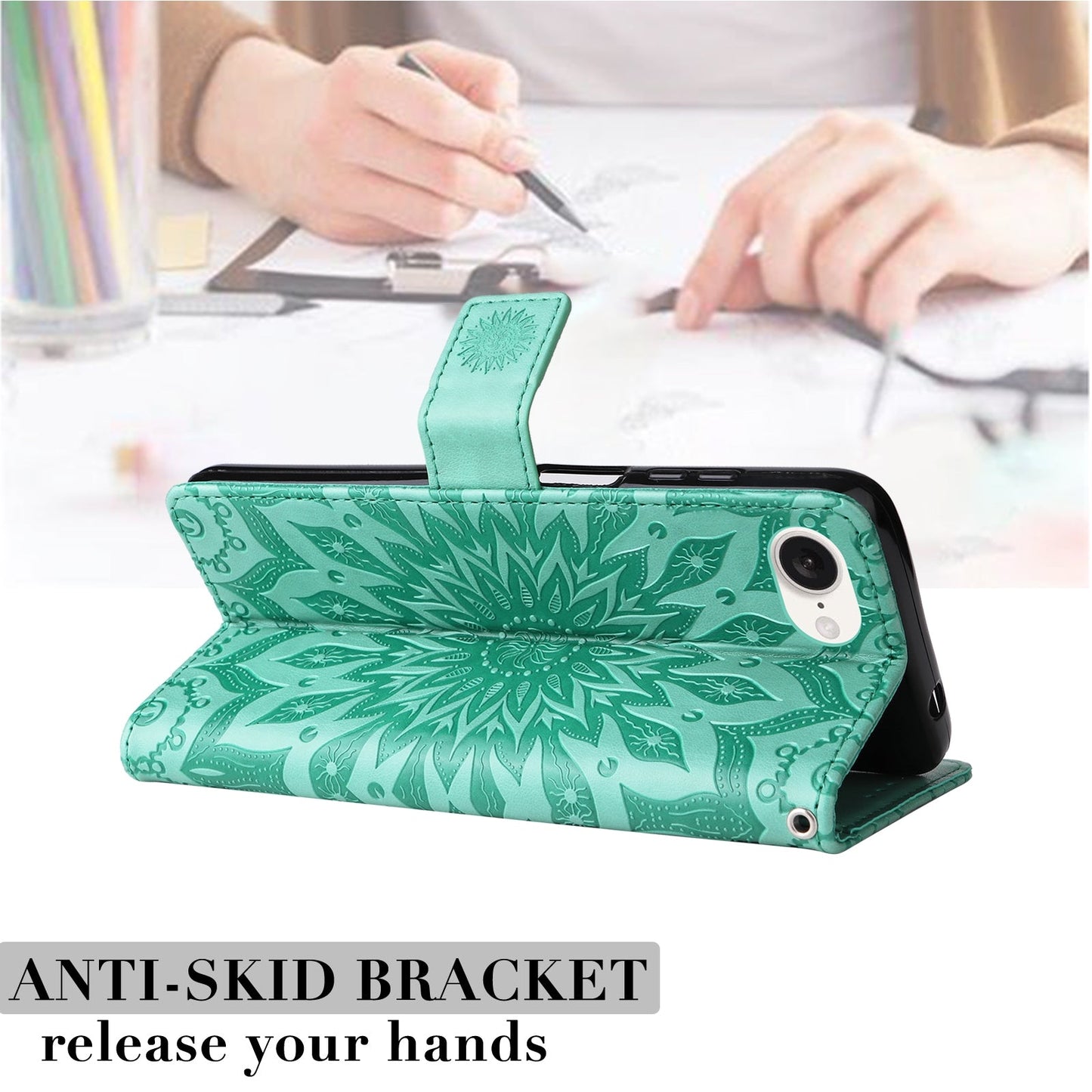 For iPhone 16e Embossed Sunflower Pattern Flip Leather Phone Case(Green)