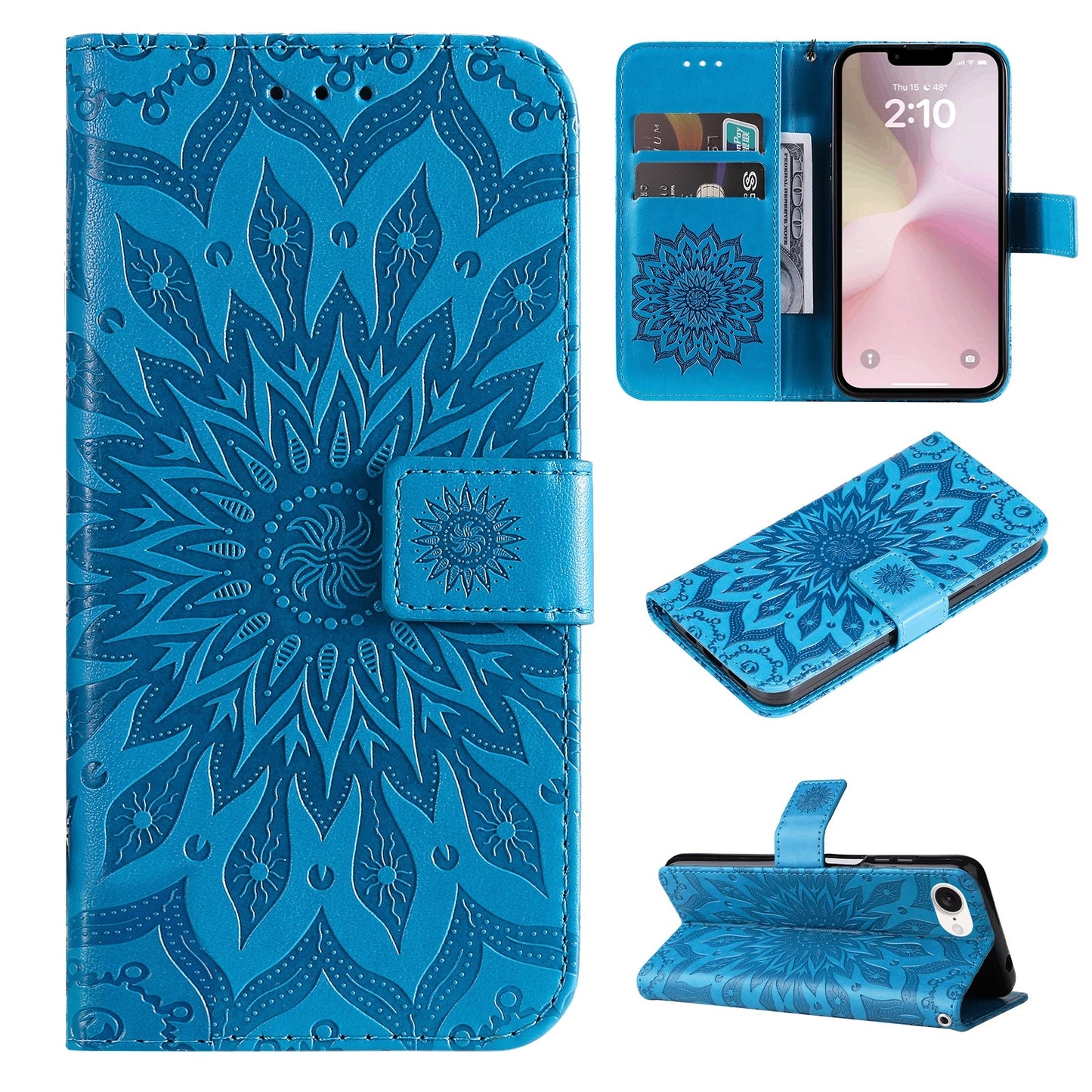 For iPhone 16e Embossed Sunflower Pattern Flip Leather Phone Case(Blue)