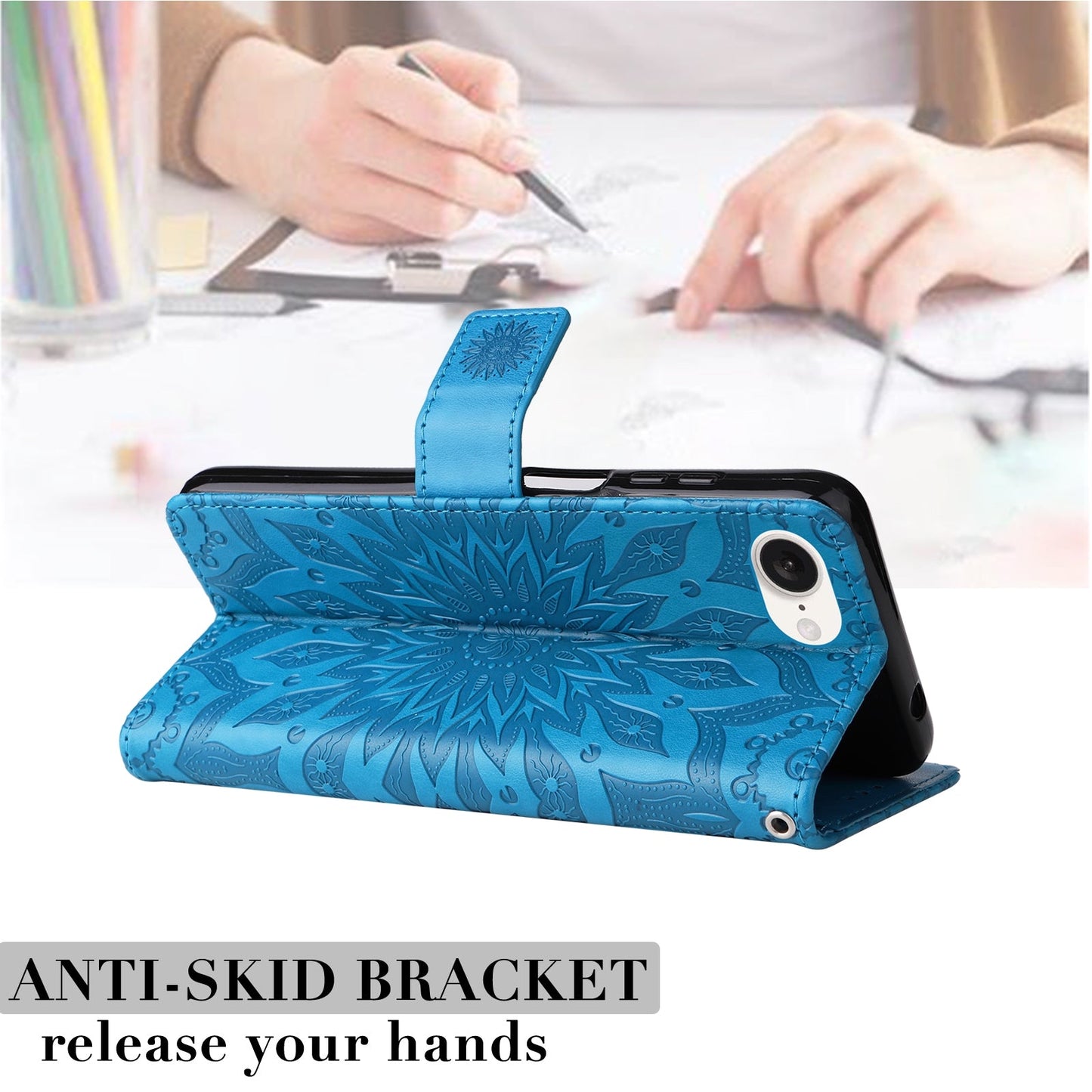 For iPhone 16e Embossed Sunflower Pattern Flip Leather Phone Case(Blue)