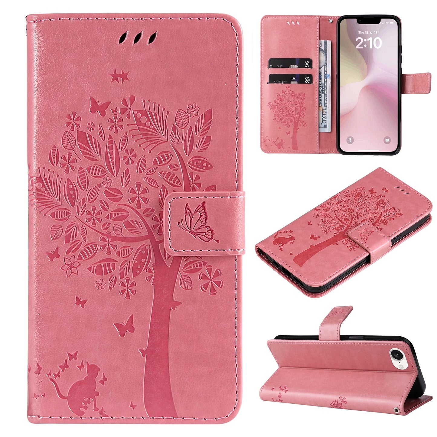 For iPhone 16e Tree & Cat Embossed Pattern Flip Leather Phone Case(Pink)