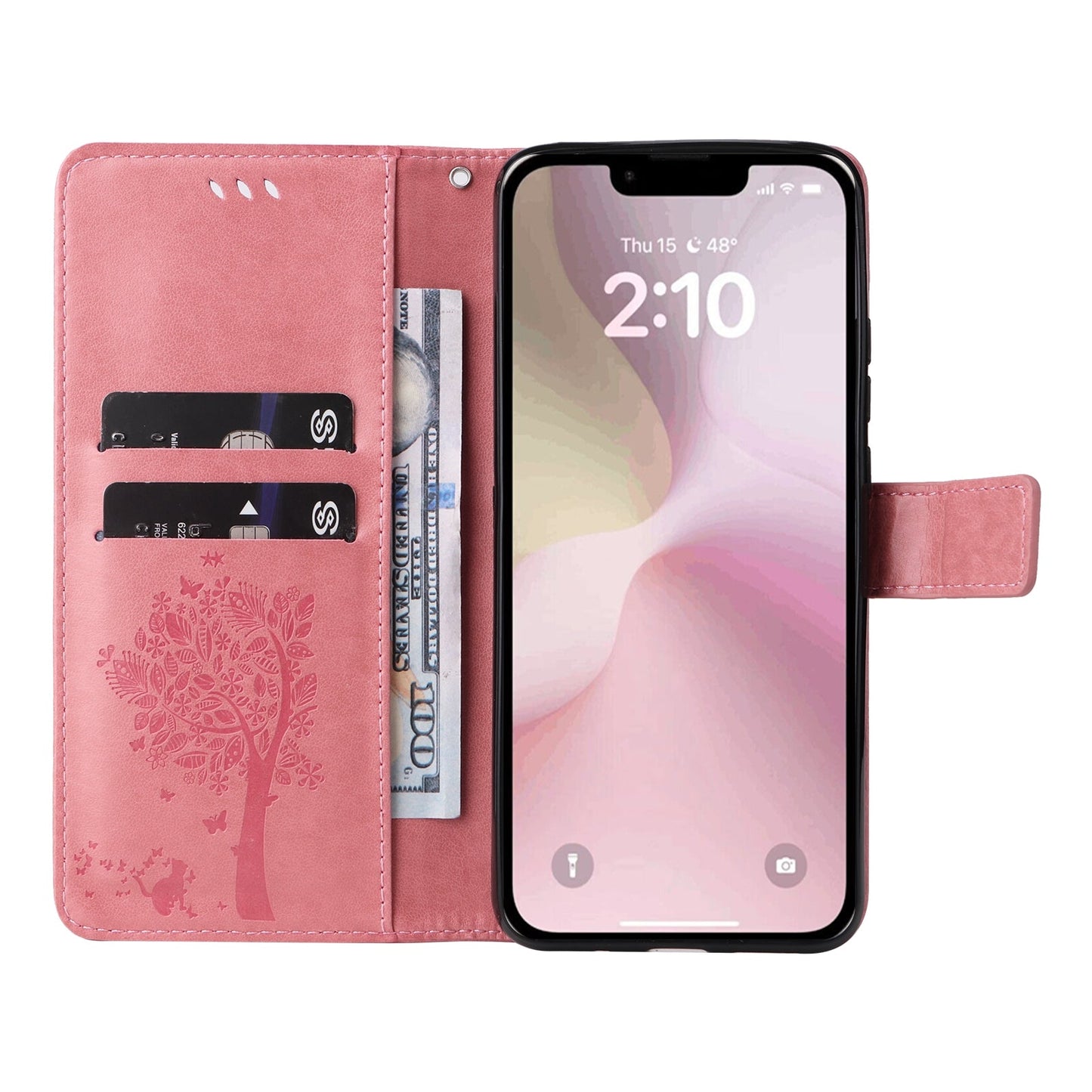 For iPhone 16e Tree & Cat Embossed Pattern Flip Leather Phone Case(Pink)