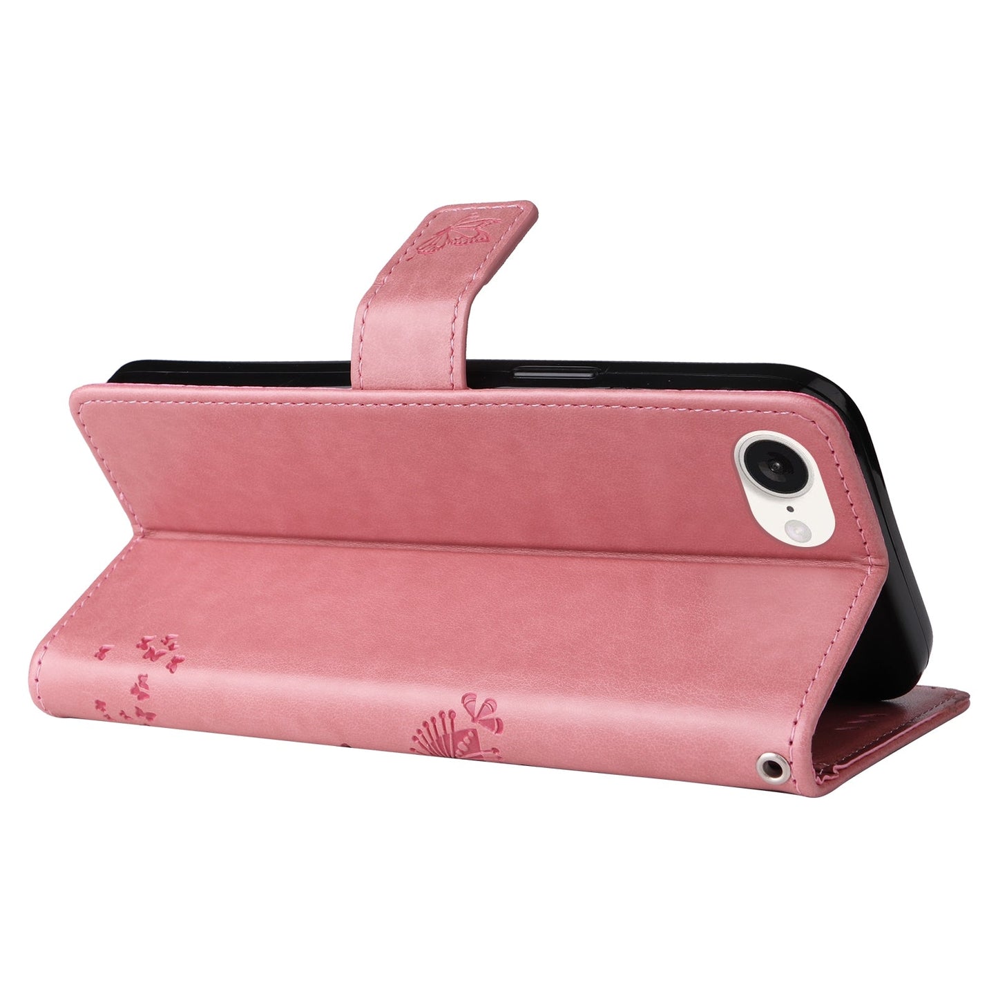 For iPhone 16e Tree & Cat Embossed Pattern Flip Leather Phone Case(Pink)