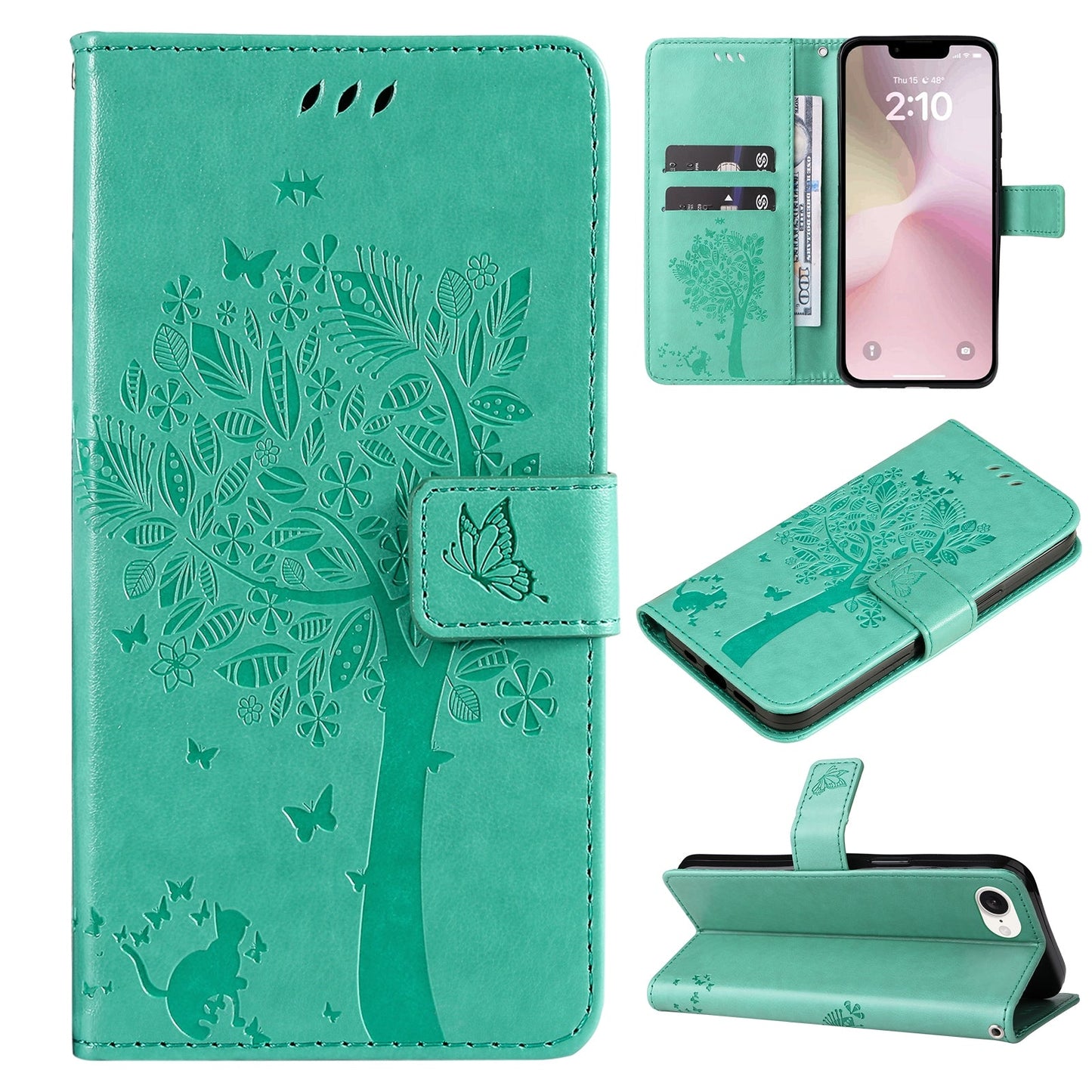 For iPhone 16e Tree & Cat Embossed Pattern Flip Leather Phone Case(Green)