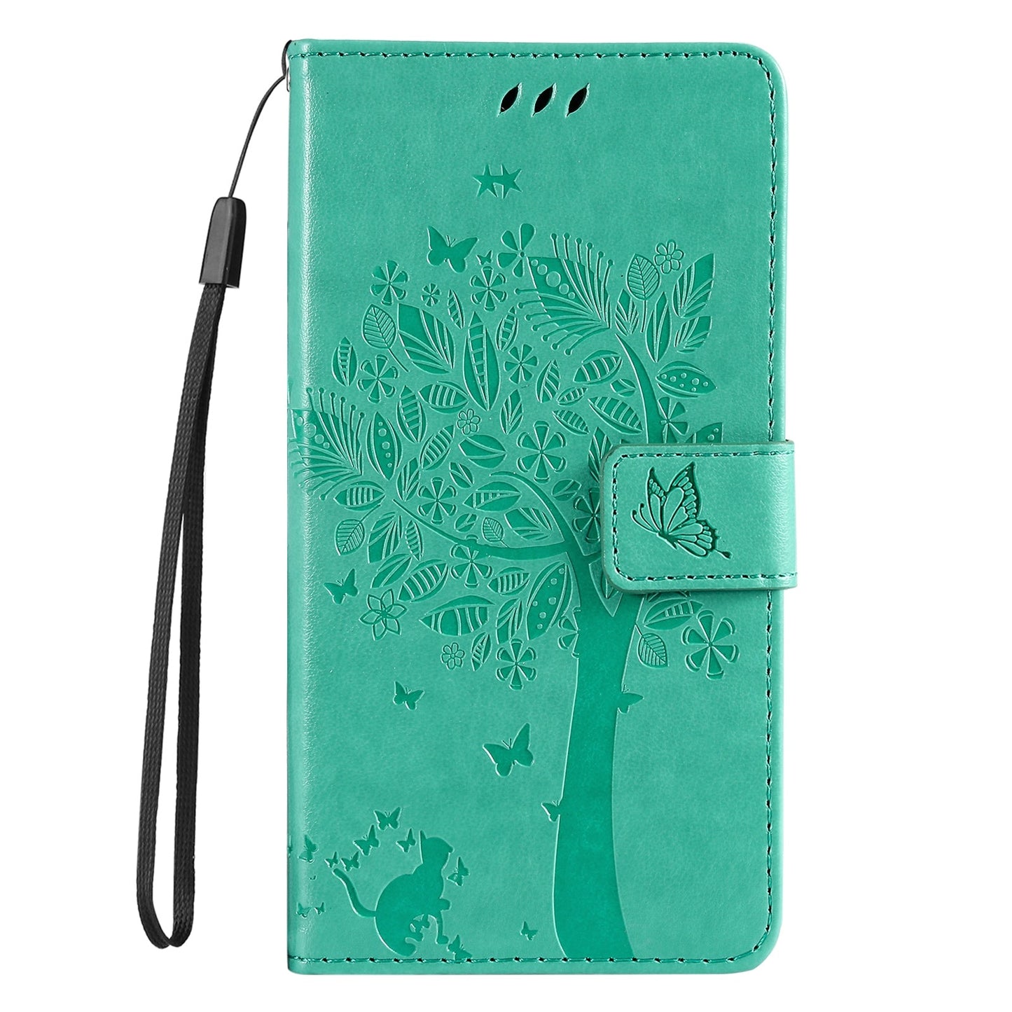 For iPhone 16e Tree & Cat Embossed Pattern Flip Leather Phone Case(Green)