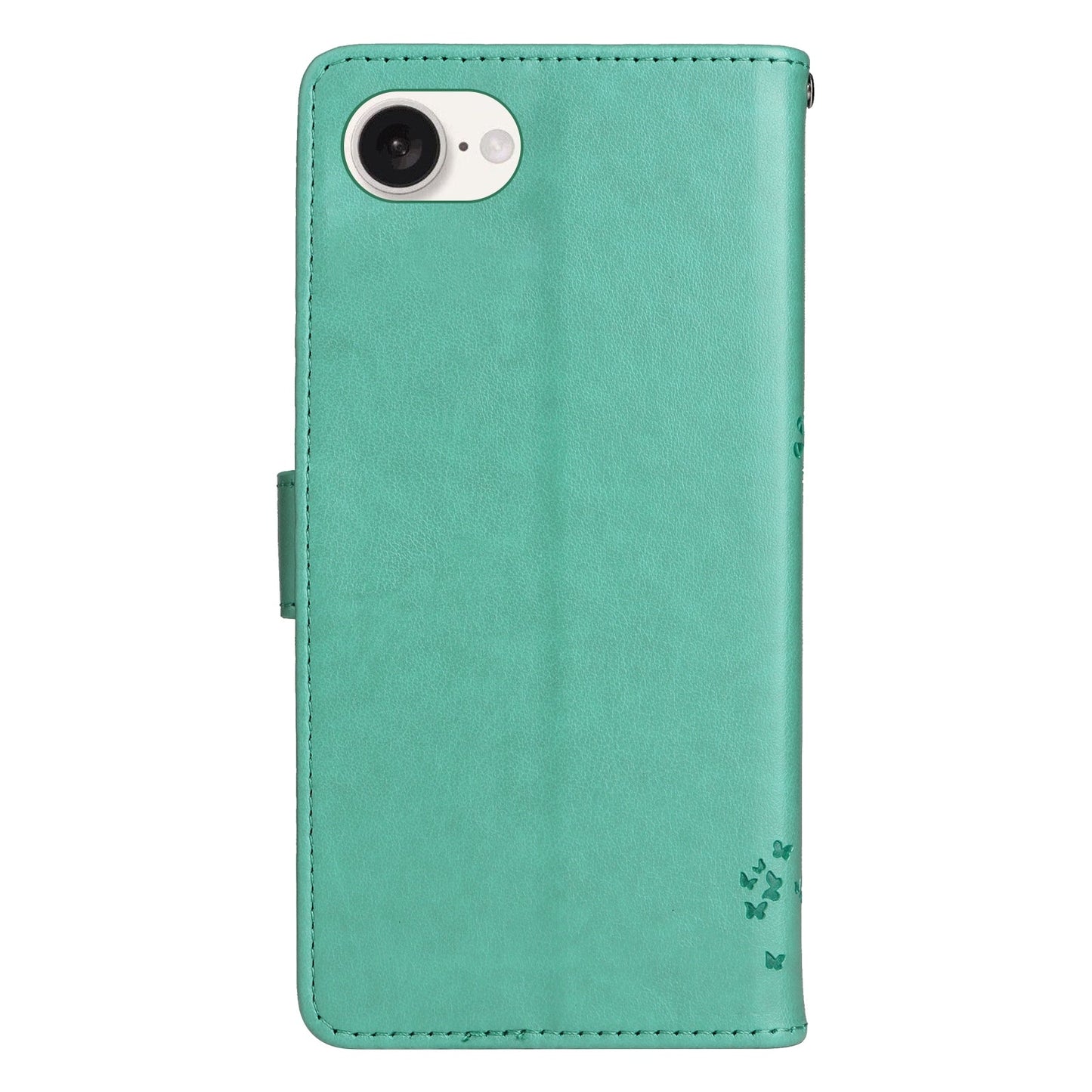 For iPhone 16e Tree & Cat Embossed Pattern Flip Leather Phone Case(Green)