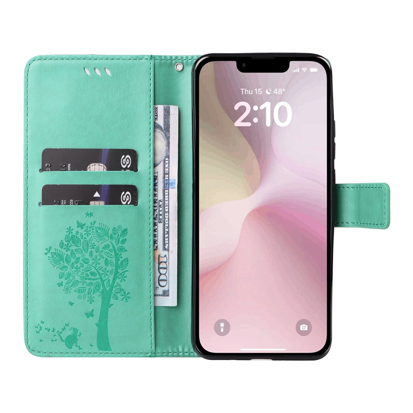 For iPhone 16e Tree & Cat Embossed Pattern Flip Leather Phone Case(Green)
