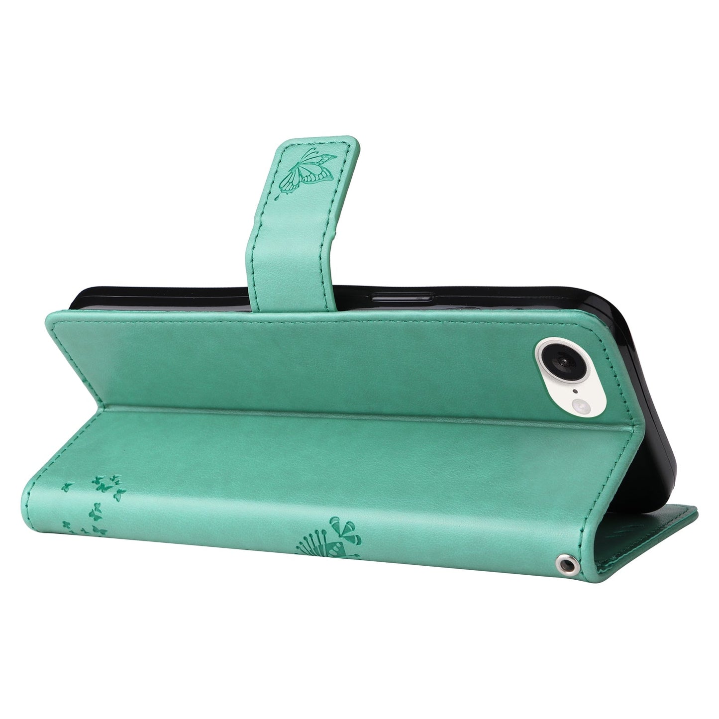 For iPhone 16e Tree & Cat Embossed Pattern Flip Leather Phone Case(Green)