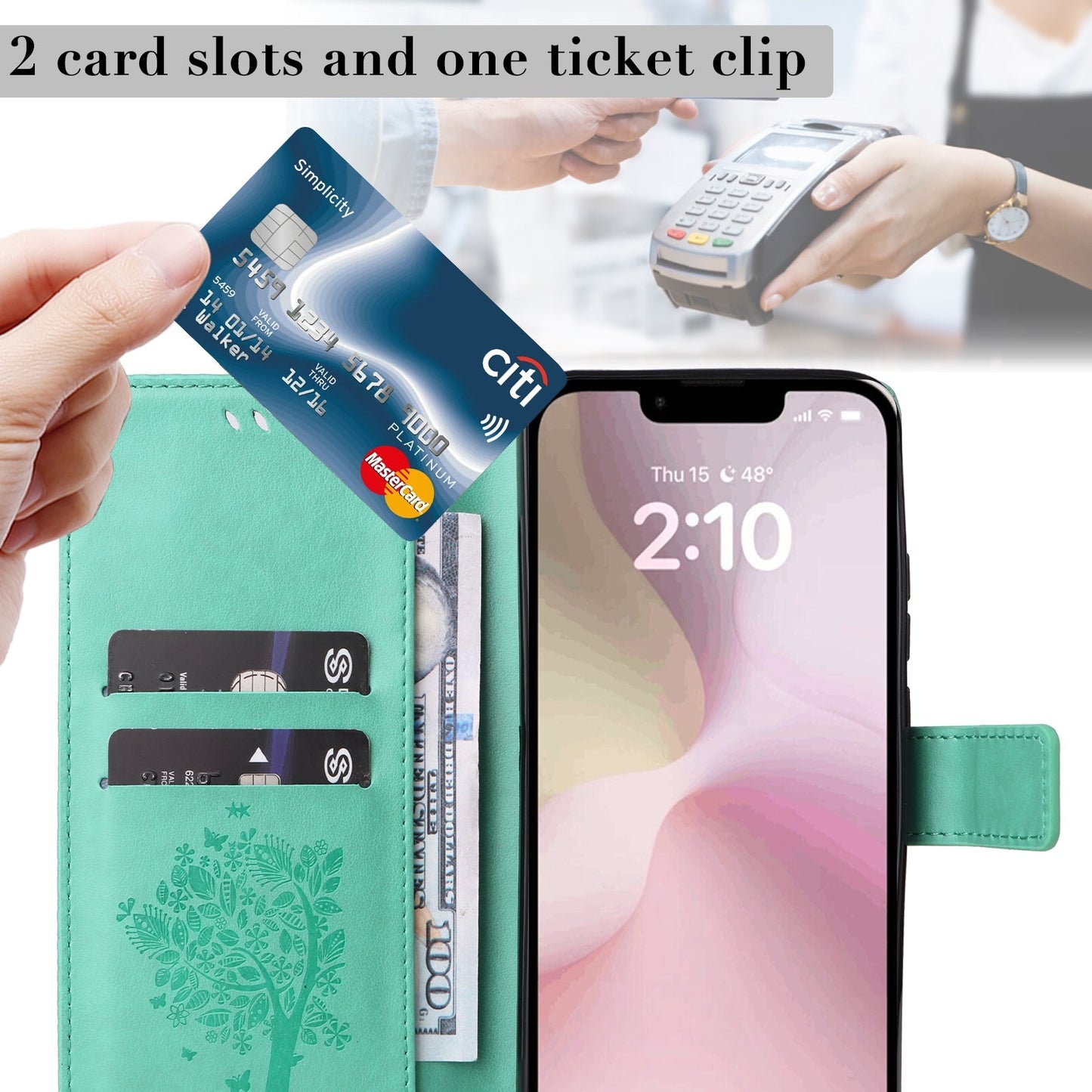 For iPhone 16e Tree & Cat Embossed Pattern Flip Leather Phone Case(Green)