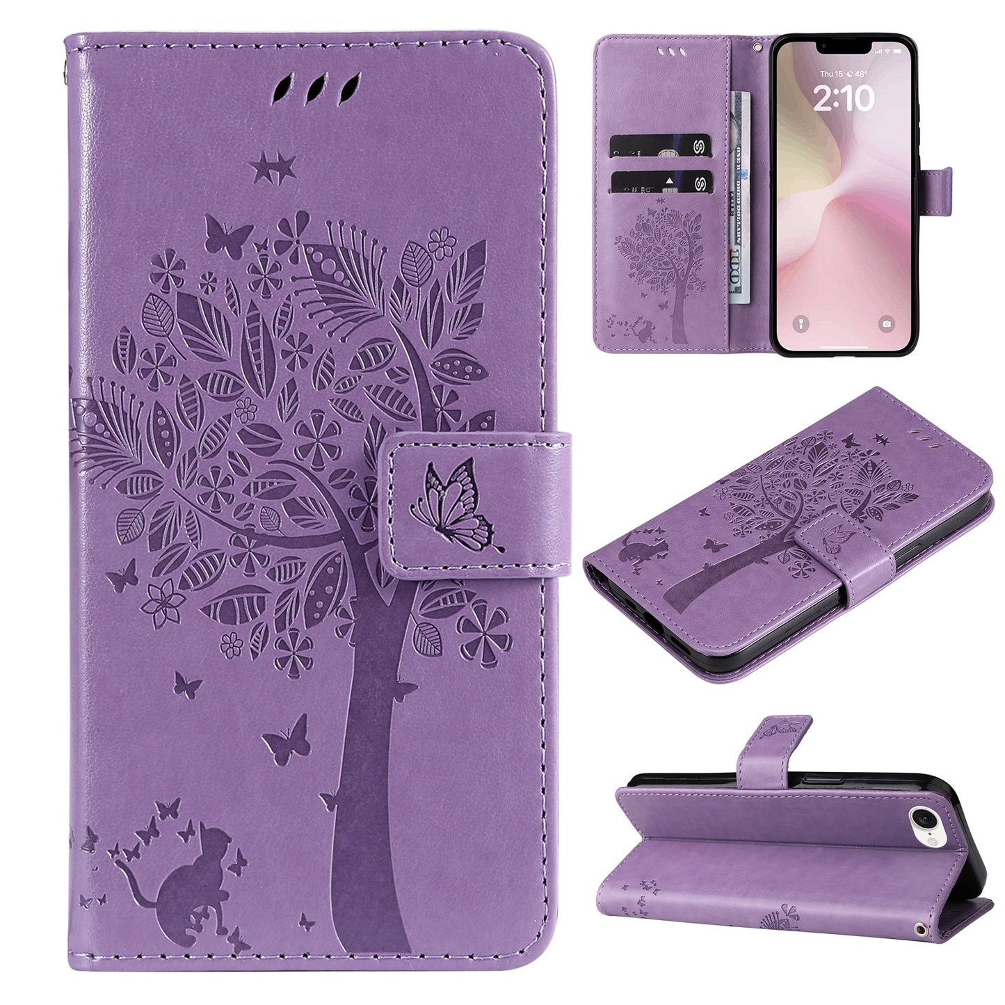 For iPhone 16e Tree & Cat Embossed Pattern Flip Leather Phone Case(Light Purple)