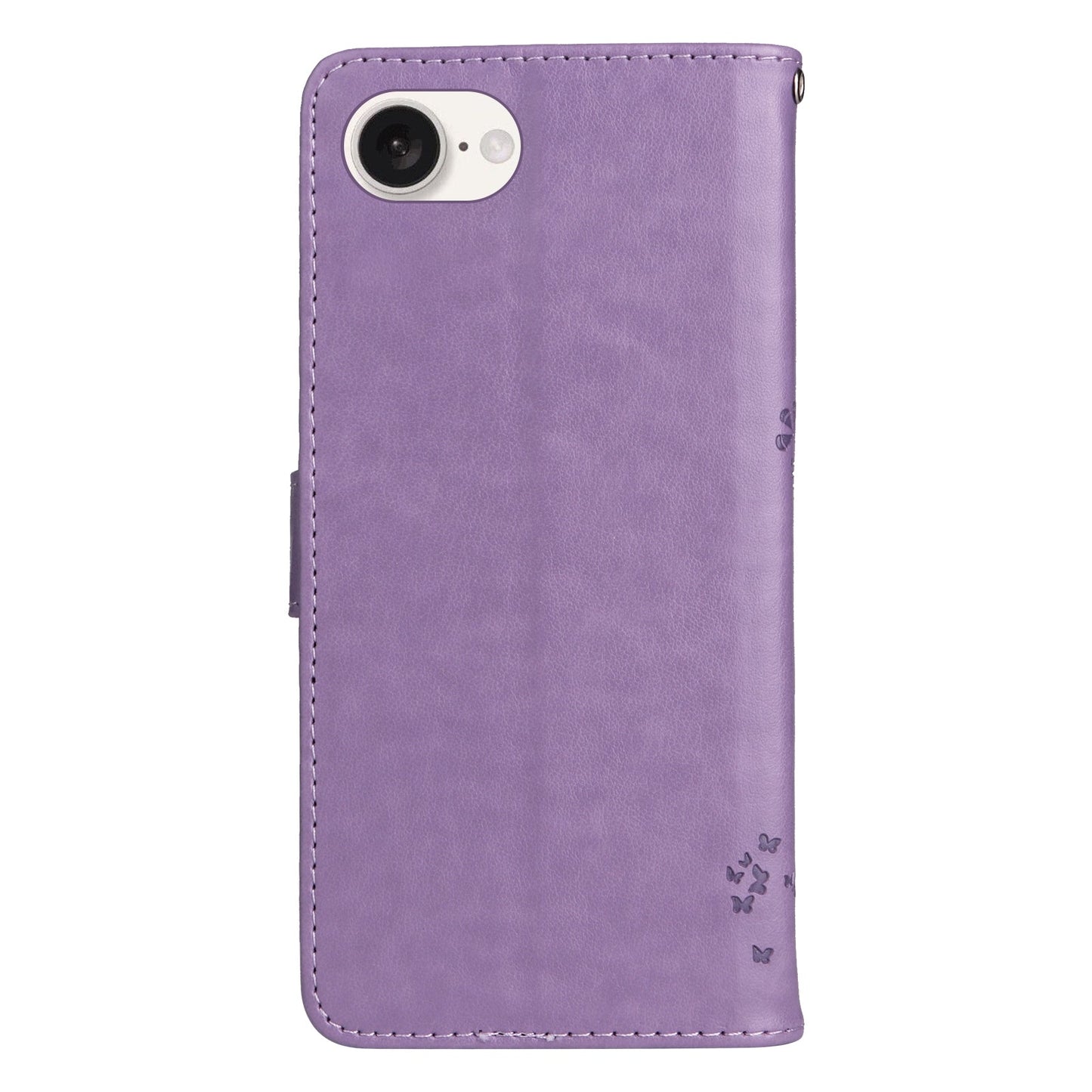 For iPhone 16e Tree & Cat Embossed Pattern Flip Leather Phone Case(Light Purple)