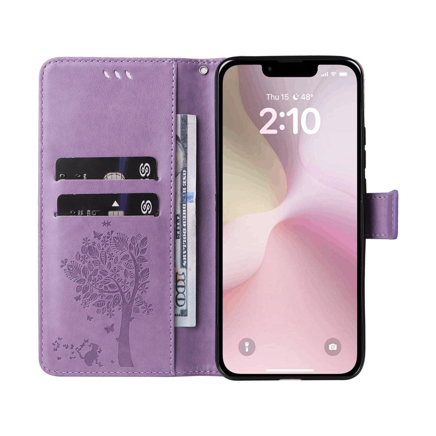 For iPhone 16e Tree & Cat Embossed Pattern Flip Leather Phone Case(Light Purple)