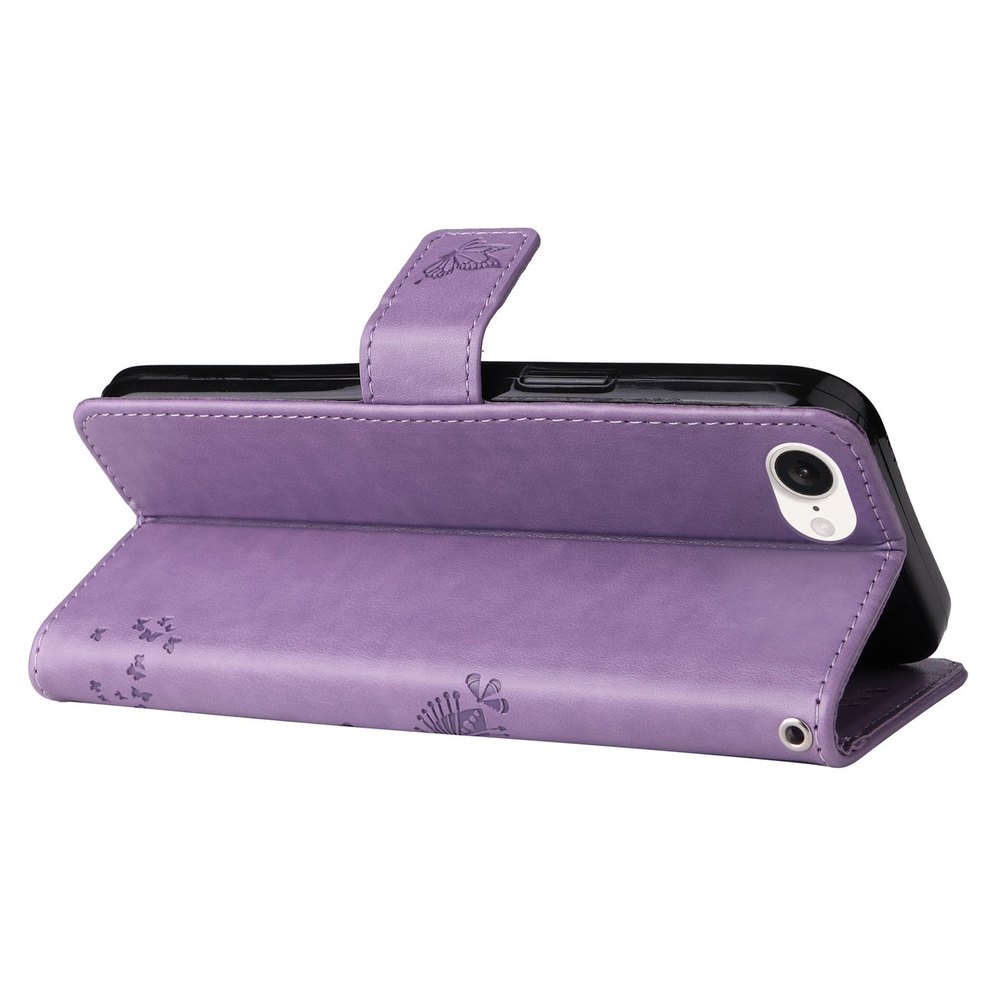 For iPhone 16e Tree & Cat Embossed Pattern Flip Leather Phone Case(Light Purple)