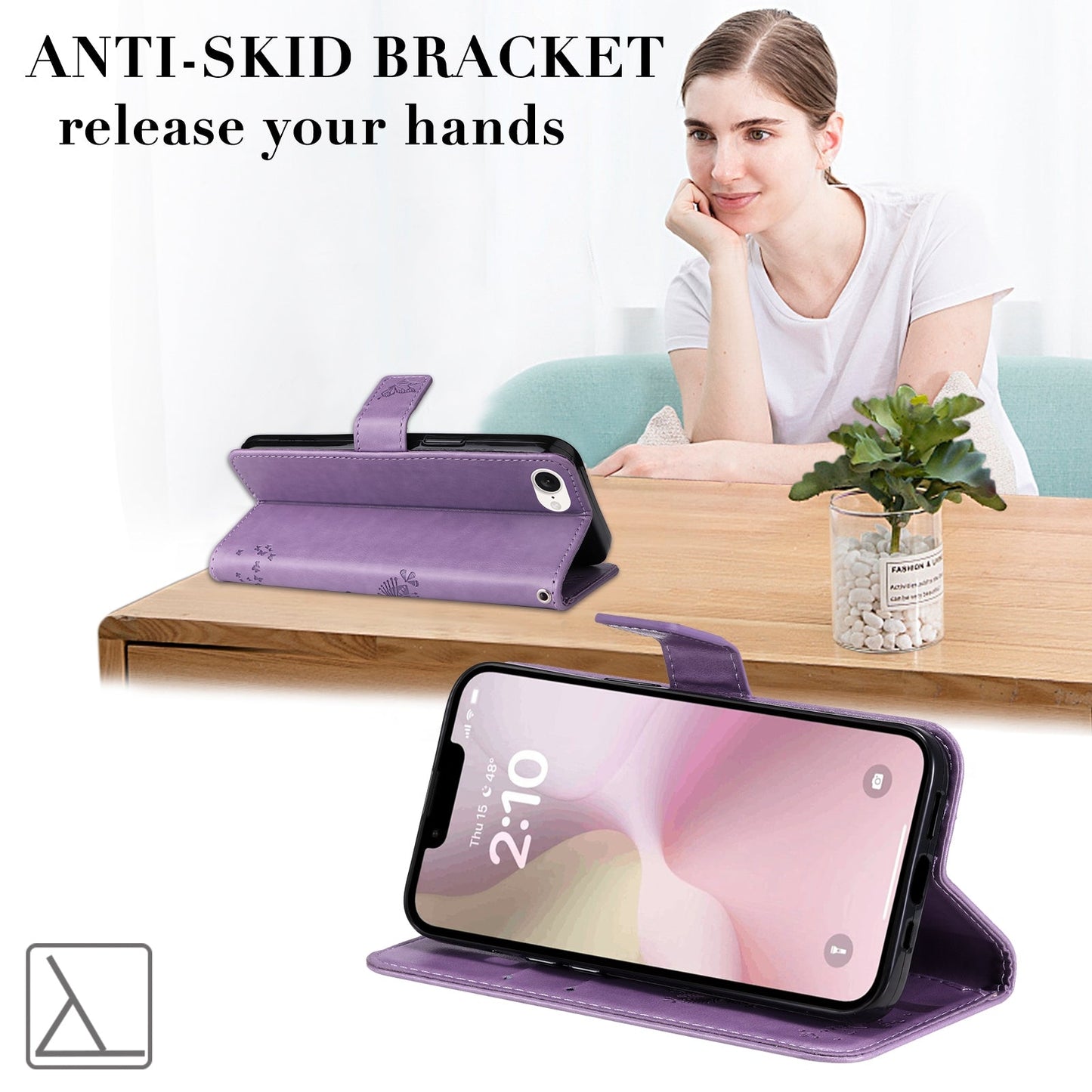 For iPhone 16e Tree & Cat Embossed Pattern Flip Leather Phone Case(Light Purple)