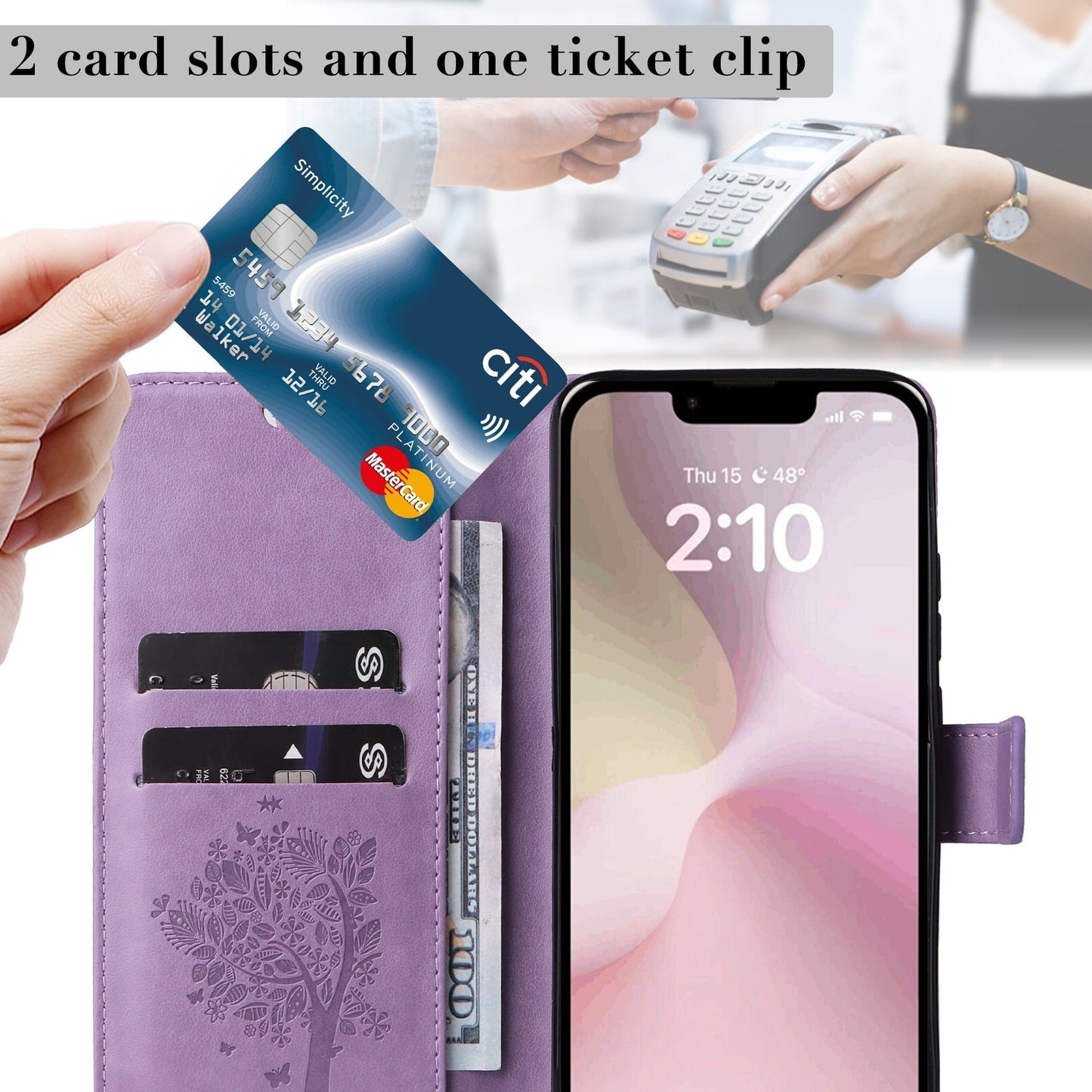 For iPhone 16e Tree & Cat Embossed Pattern Flip Leather Phone Case(Light Purple)