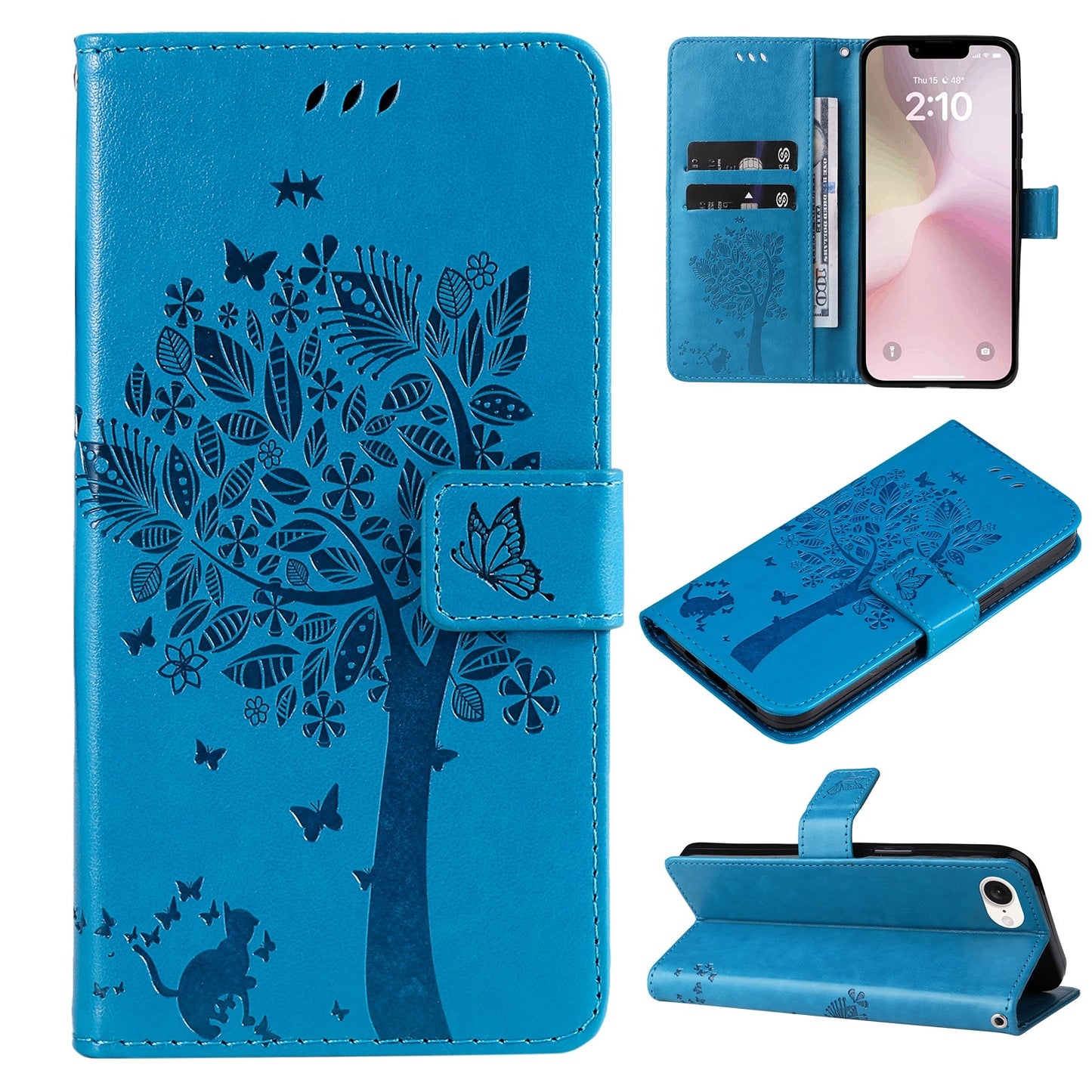 For iPhone 16e Tree & Cat Embossed Pattern Flip Leather Phone Case(Blue)